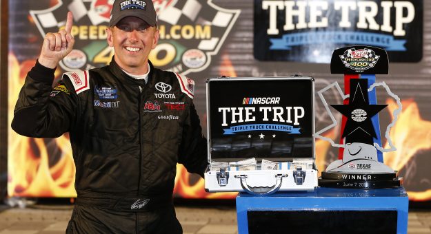 FORT WORTH, TEXAS - JUNE 07: Greg Biffle, driver of the #51 Toyota Toyota, celebrates in victory lane after winning the NASCAR Gander Outdoors Truck Series SpeedyCash.com 400 at Texas Motor Speedway on June 07, 2019 in Fort Worth, Texas. (Photo by Brian Lawdermilk/Getty Images) | Getty Images