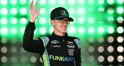 DOVER, DELAWARE - MAY 16: Parker Retzlaff, driver of the #99 FUNKAWAY Chevrolet, waves to fans as he walks onstage during driver intros prior to the NASCAR O'Reilly Auto Parts Series BetRivers 200 at Dover Motor Speedway on May 16, 2026 in Dover, Delaware. (Photo by Meg Oliphant/Getty Images) | Getty Images