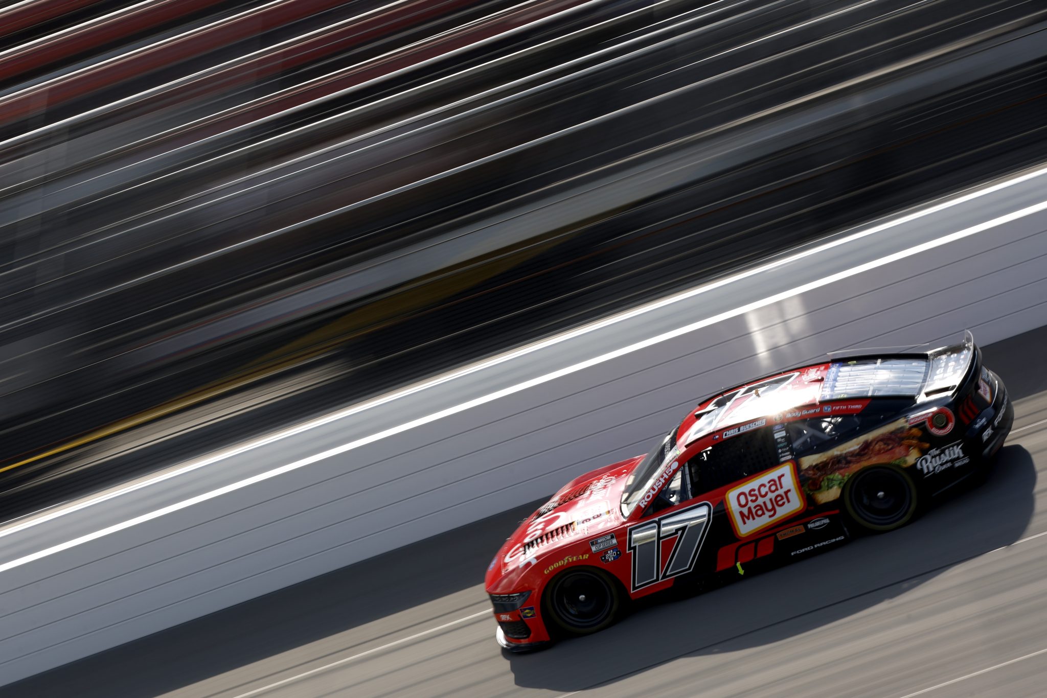 BROOKLYN, MICHIGAN - JUNE 06: Chris Buescher, driver of the #17 Kroger/OscarMayer/RustikOven Ford, drives during practice for the NASCAR Cup Series FireKeepers Casino 400 at Michigan International Speedway on June 06, 2026 in Brooklyn, Michigan. (Photo by Sean Gardner/Getty Images) | Getty Images