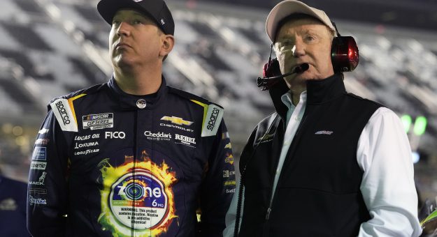 DAYTONA BEACH, FLORIDA - FEBRUARY 11: Kyle Busch, driver of the #8 zone Jalapeno Lime Chevrolet, (L) and NASCAR Hall of Famer and RCR team owner, Richard Childress look on during qualifying for the NASCAR Cup Series Daytona 500 at Daytona International Speedway on February 11, 2026 in Daytona Beach, Florida. (Photo by Patrick McDermott/Getty Images) | Getty Images