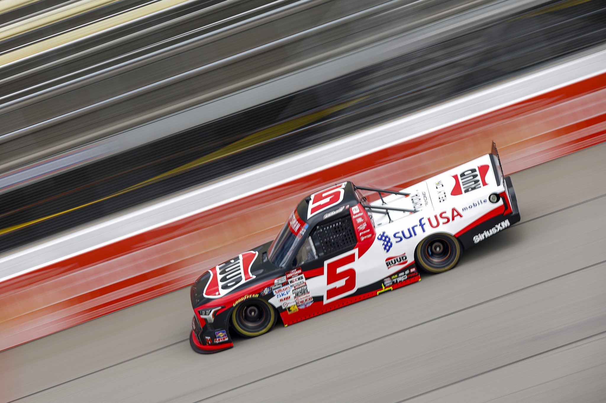 BROOKLYN, MICHIGAN - JUNE 06: Spencer Davis, driver of the #5 Ruud/Surf USA Mobile Toyota, drives during practice for the NASCAR Craftsman Truck Series DQS Solutions & Staffing 250 presented by Precision Vehicle Logistics at Michigan International Speedway on June 06, 2026 in Brooklyn, Michigan. (Photo by Sean Gardner/Getty Images) | Getty Images