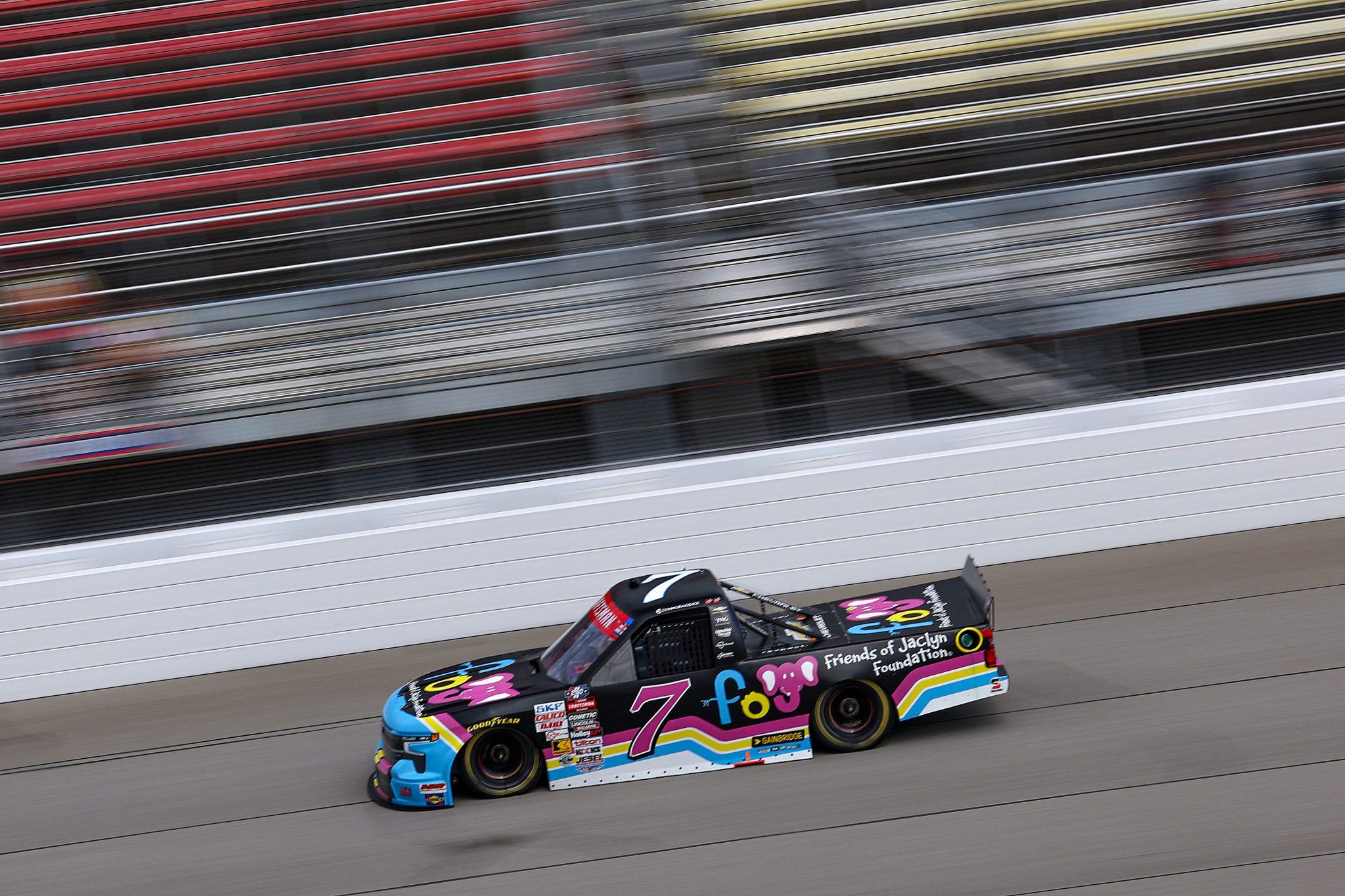 BROOKLYN, MICHIGAN - JUNE 06: Connor Mosack, driver of the #7 Friends of Jacklyn Foundation Chevrolet, drives during practice for the NASCAR Craftsman Truck Series DQS Solutions & Staffing 250 presented by Precision Vehicle Logistics at Michigan International Speedway on June 06, 2026 in Brooklyn, Michigan. (Photo by Brett Farmer/Getty Images) | Getty Images