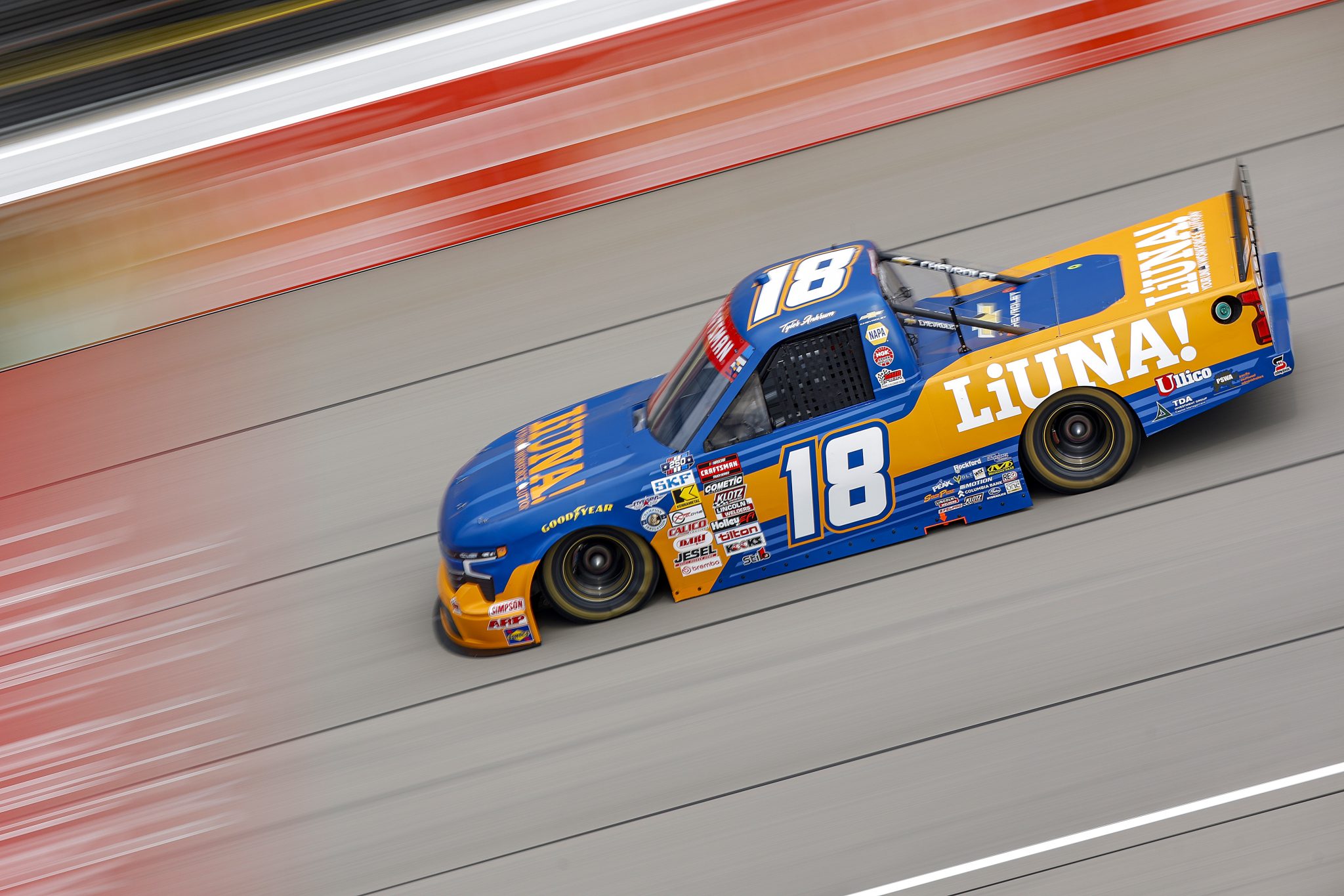 BROOKLYN, MICHIGAN - JUNE 06: Tyler Ankrum, driver of the #18 LIUNA Chevrolet, drives during practice for the NASCAR Craftsman Truck Series DQS Solutions & Staffing 250 presented by Precision Vehicle Logistics at Michigan International Speedway on June 06, 2026 in Brooklyn, Michigan. (Photo by Sean Gardner/Getty Images) | Getty Images