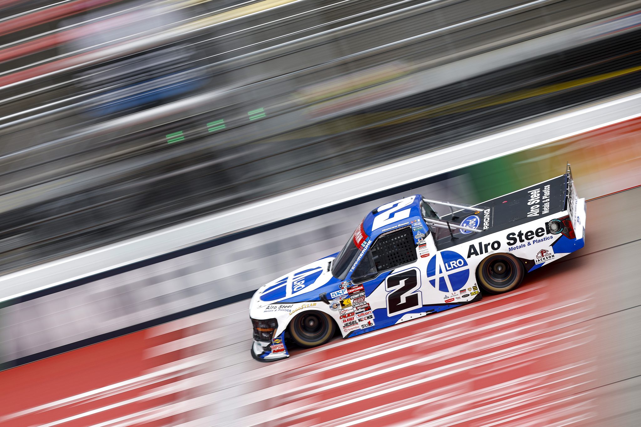 BROOKLYN, MICHIGAN - JUNE 06: Morgen Baird, driver of the #2 Alro Steel/Metals & Plastics Ford, drives during practice for the NASCAR Craftsman Truck Series DQS Solutions & Staffing 250 presented by Precision Vehicle Logistics at Michigan International Speedway on June 06, 2026 in Brooklyn, Michigan. (Photo by Sean Gardner/Getty Images) | Getty Images