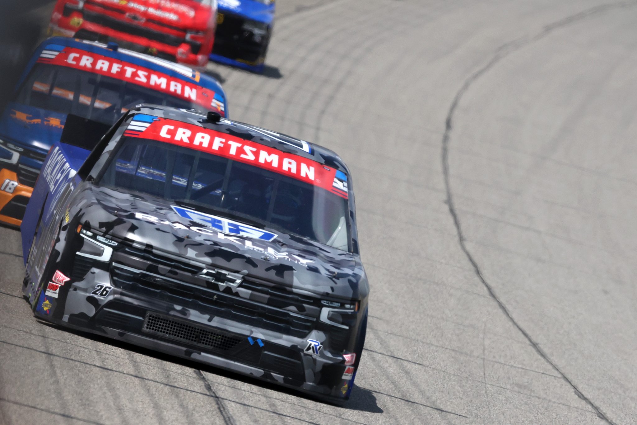 BROOKLYN, MICHIGAN - JUNE 06: Dawson Sutton, driver of the #26 Rackley Roofing Chevrolet, drives during the NASCAR Craftsman Truck Series DQS Solutions & Staffing 250 presented by Precision Vehicle Logistics at Michigan International Speedway on June 06, 2026 in Brooklyn, Michigan. (Photo by Brett Farmer/Getty Images) | Getty Images
