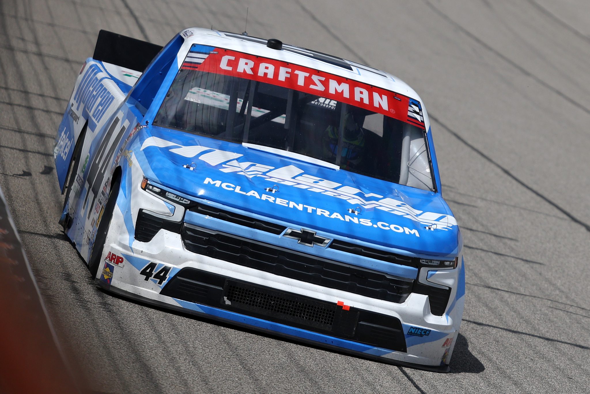 BROOKLYN, MICHIGAN - JUNE 06: Andres Perez De Lara, driver of the #44 McLaren Transports/Precision de Chevrolet, drives during the NASCAR Craftsman Truck Series DQS Solutions & Staffing 250 presented by Precision Vehicle Logistics at Michigan International Speedway on June 06, 2026 in Brooklyn, Michigan. (Photo by Brett Farmer/Getty Images) | Getty Images