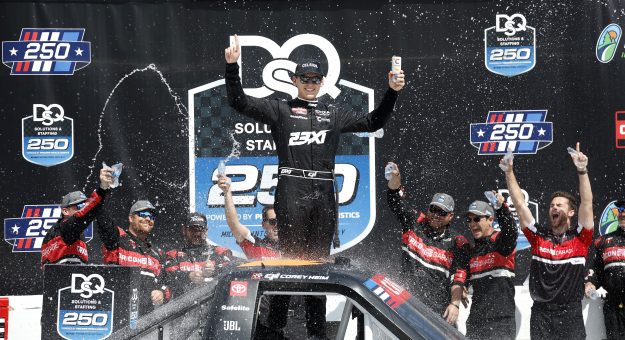 BROOKLYN, MICHIGAN - JUNE 06: Corey Heim, driver of the #1 Celsius Toyota, celebrates in victory lane after winning the NASCAR Craftsman Truck Series DQS Solutions & Staffing 250 presented by Precision Vehicle Logistics at Michigan International Speedway on June 06, 2026 in Brooklyn, Michigan. (Photo by Sean Gardner/Getty Images) | Getty Images