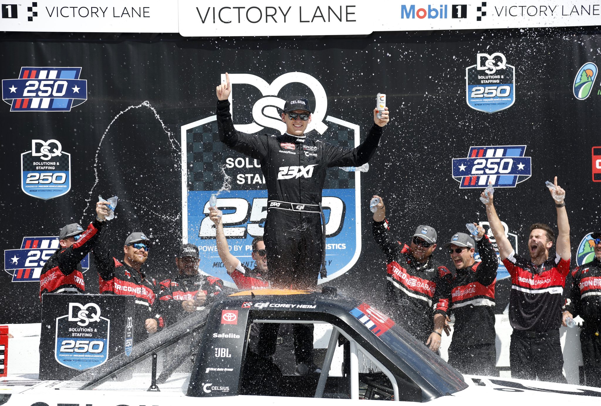 BROOKLYN, MICHIGAN - JUNE 06: Corey Heim, driver of the #1 Celsius Toyota, celebrates in victory lane after winning the NASCAR Craftsman Truck Series DQS Solutions & Staffing 250 presented by Precision Vehicle Logistics at Michigan International Speedway on June 06, 2026 in Brooklyn, Michigan. (Photo by Sean Gardner/Getty Images) | Getty Images