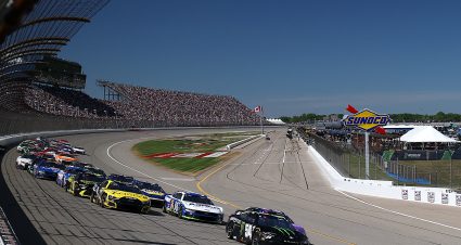 BROOKLYN, MICHIGAN - JUNE 07: Ty Gibbs, driver of the #54 Monster Energy Toyota, leads the field during the NASCAR Cup Series FireKeepers Casino 400 at Michigan International Speedway on June 07, 2026 in Brooklyn, Michigan. (Photo by Brett Farmer/Getty Images) | Getty Images
