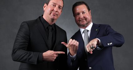 CHARLOTTE, NORTH CAROLINA - JANUARY 23: NASCAR Hall of Fame inductee Kurt Busch (R) and his brother, NASCAR Cup Series driver, Kyle Busch pose for photos at the NASCAR Hall of Fame Induction Ceremony at Charlotte Convention Center on January 23, 2026 in Charlotte, North Carolina.  (Photo by Chris Graythen/Getty Images) | Getty Images