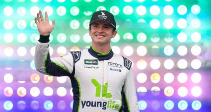 CONCORD, NORTH CAROLINA - MAY 23: Brent Crews, driver of the #19 YoungLife Toyota, waves to fans as he walks onstage during driver intros prior to the NASCAR O'Reilly Auto Parts Series Charbroil 300 at Charlotte Motor Speedway on May 23, 2026 in Concord, North Carolina. (Photo by David Jensen/Getty Images) | Getty Images