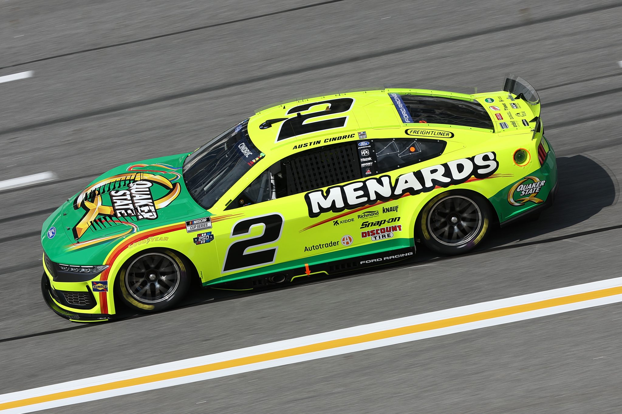 HAMPTON, GEORGIA - JULY 11: Austin Cindric, driver of the #2 MenardsQuaker State Ford, drives during qualifying for the NASCAR Cup Series Quaker State 400 Available at Walmart at EchoPark Speedway on July 11, 2026 in Hampton, Georgia. (Photo by Meg Oliphant/Getty Images) | Getty Images