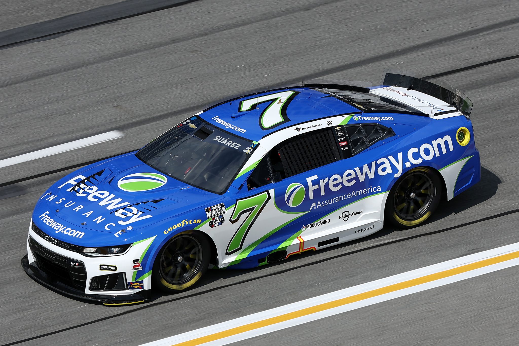 HAMPTON, GEORGIA - JULY 11: Daniel Suarez, driver of the #7 Freeway Insurance Chevrolet, drives during qualifying for the NASCAR Cup Series Quaker State 400 Available at Walmart at EchoPark Speedway on July 11, 2026 in Hampton, Georgia. (Photo by Meg Oliphant/Getty Images) | Getty Images