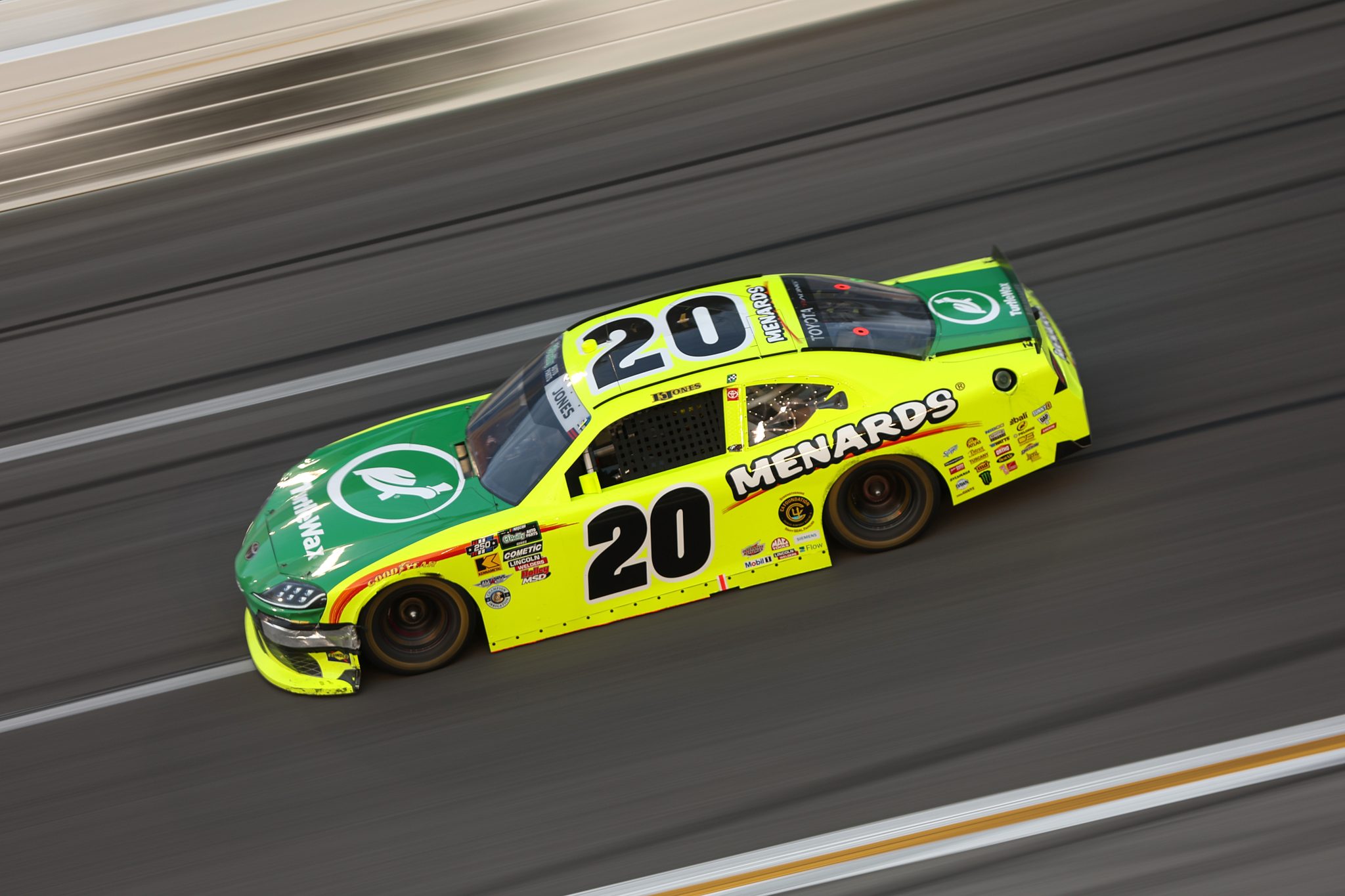 HAMPTON, GEORGIA - JULY 11: Brandon Jones, driver of the #20 Menards/Turtle Wax Toyota, drives during the NASCAR O'Reilly Auto Parts Series Focused Health 250 at EchoPark Speedway on July 11, 2026 in Hampton, Georgia. (Photo by Meg Oliphant/Getty Images) | Getty Images