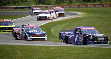 LAKEVILLE, CONNECTICUT - JULY 11: Thomas Annunziata, driver of the #1 ShopTRICON.com Toyota, and Landen Lewis, driver of the #45 J.F. Electric/Utilitra Chevrolet, race during the NASCAR Craftsman Truck Series LiUNA 150 at Lime Rock Park on July 11, 2026 in Lakeville, Connecticut. (Photo by Jaiden Tripi/Getty Images) | Getty Images