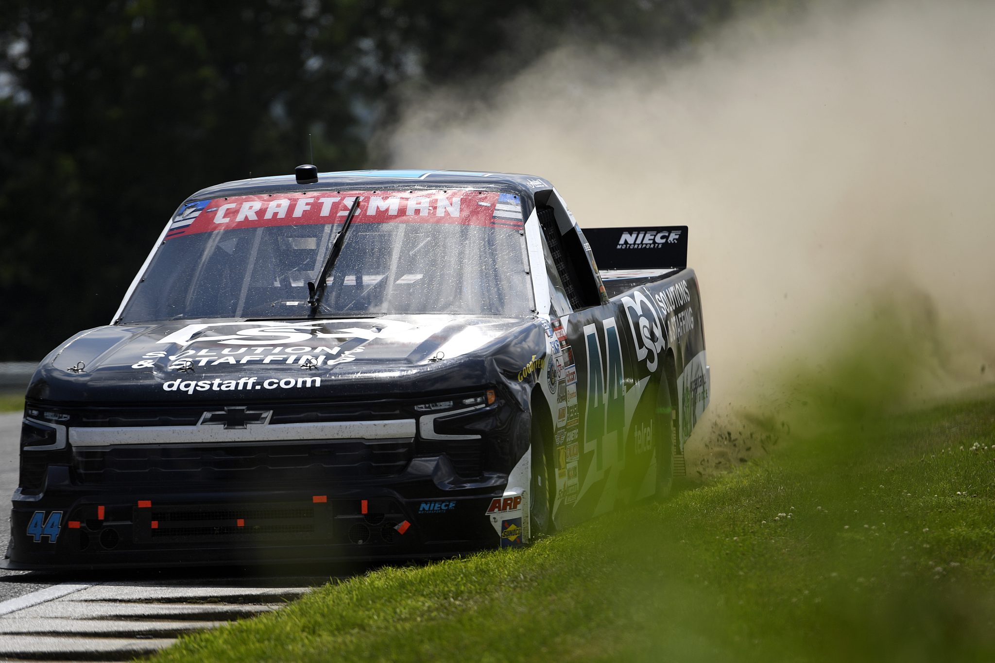 LAKEVILLE, CONNECTICUT - JULY 11: Andres Perez De Lara, driver of the #44 DQS Solutions & Staffing Chevrolet, drives during the NASCAR Craftsman Truck Series LiUNA 150 at Lime Rock Park on July 11, 2026 in Lakeville, Connecticut. (Photo by Jaiden Tripi/Getty Images) | Getty Images