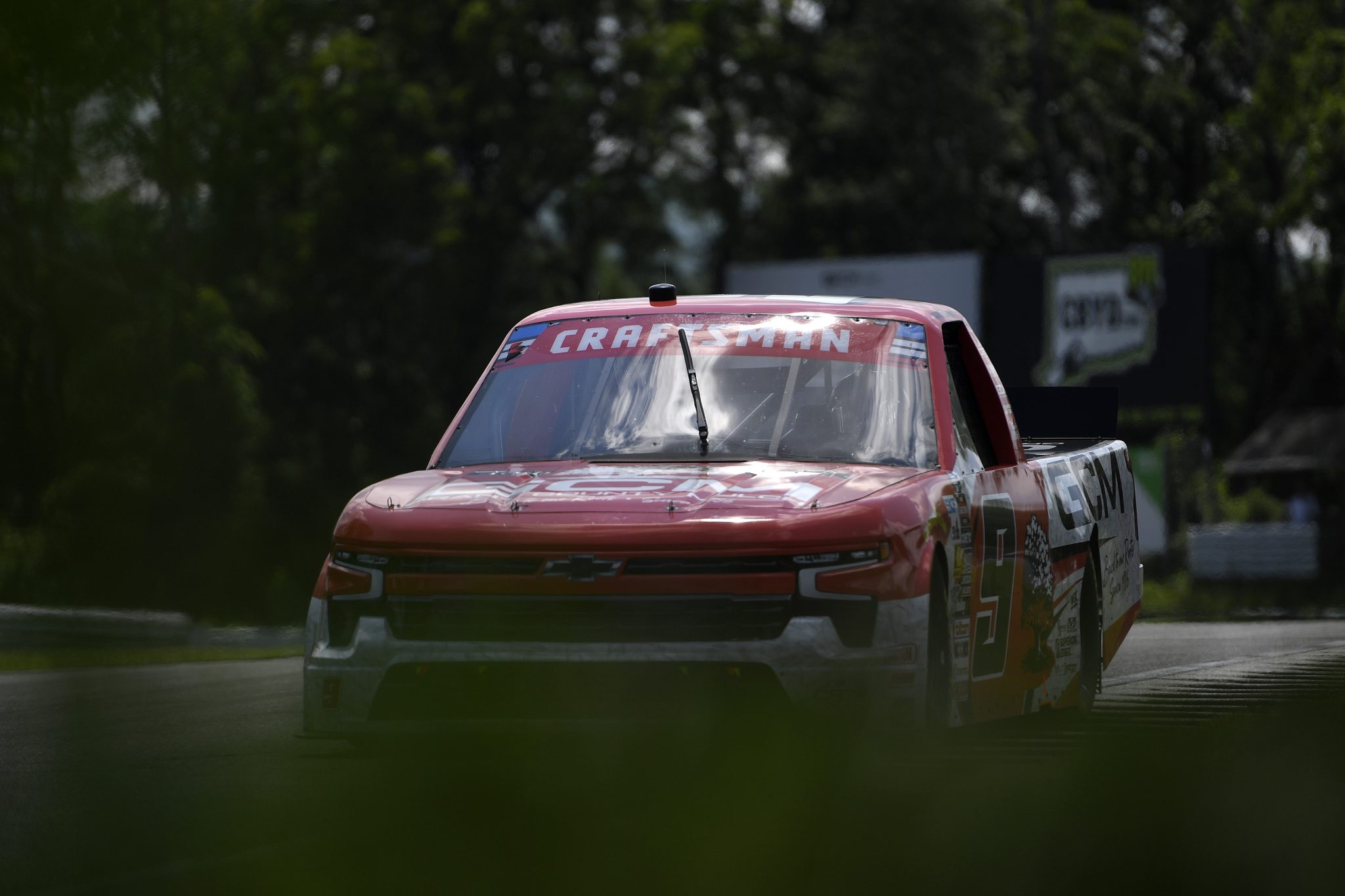 LAKEVILLE, CONNECTICUT - JULY 11: Grant Enfinger, driver of the #9 Grant County Mulch Chevrolet, drives during the NASCAR Craftsman Truck Series LiUNA 150 at Lime Rock Park on July 11, 2026 in Lakeville, Connecticut. (Photo by Jaiden Tripi/Getty Images) | Getty Images