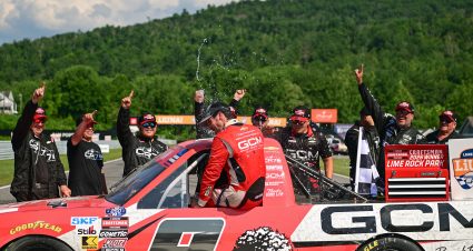 LAKEVILLE, CONNECTICUT - JULY 11: Grant Enfinger, driver of the #9 Grant County Mulch Chevrolet, and crew celebrate after winning the NASCAR Craftsman Truck Series LiUNA 150 at Lime Rock Park on July 11, 2026 in Lakeville, Connecticut. (Photo by Jaiden Tripi/Getty Images) | Getty Images
