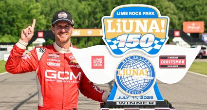 LAKEVILLE, CONNECTICUT - JULY 11: Grant Enfinger, driver of the #9 Grant County Mulch Chevrolet, celebrates in victory lane after winning the NASCAR Craftsman Truck Series LiUNA 150 at Lime Rock Park on July 11, 2026 in Lakeville, Connecticut. (Photo by Jaiden Tripi/Getty Images) | Getty Images