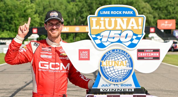 LAKEVILLE, CONNECTICUT - JULY 11: Grant Enfinger, driver of the #9 Grant County Mulch Chevrolet, celebrates in victory lane after winning the NASCAR Craftsman Truck Series LiUNA 150 at Lime Rock Park on July 11, 2026 in Lakeville, Connecticut. (Photo by Jaiden Tripi/Getty Images) | Getty Images