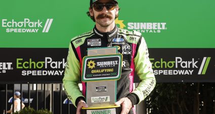HAMPTON, GEORGIA - JULY 11: Ryan Blaney, driver of the #12 BODYARMOR FLASH I.V. Ford, poses for photos after winning the pole award during qualifying for the NASCAR Cup Series Quaker State 400 Available at Walmart at EchoPark Speedway on July 11, 2026 in Hampton, Georgia. (Photo by Sean Gardner/Getty Images) | Getty Images
