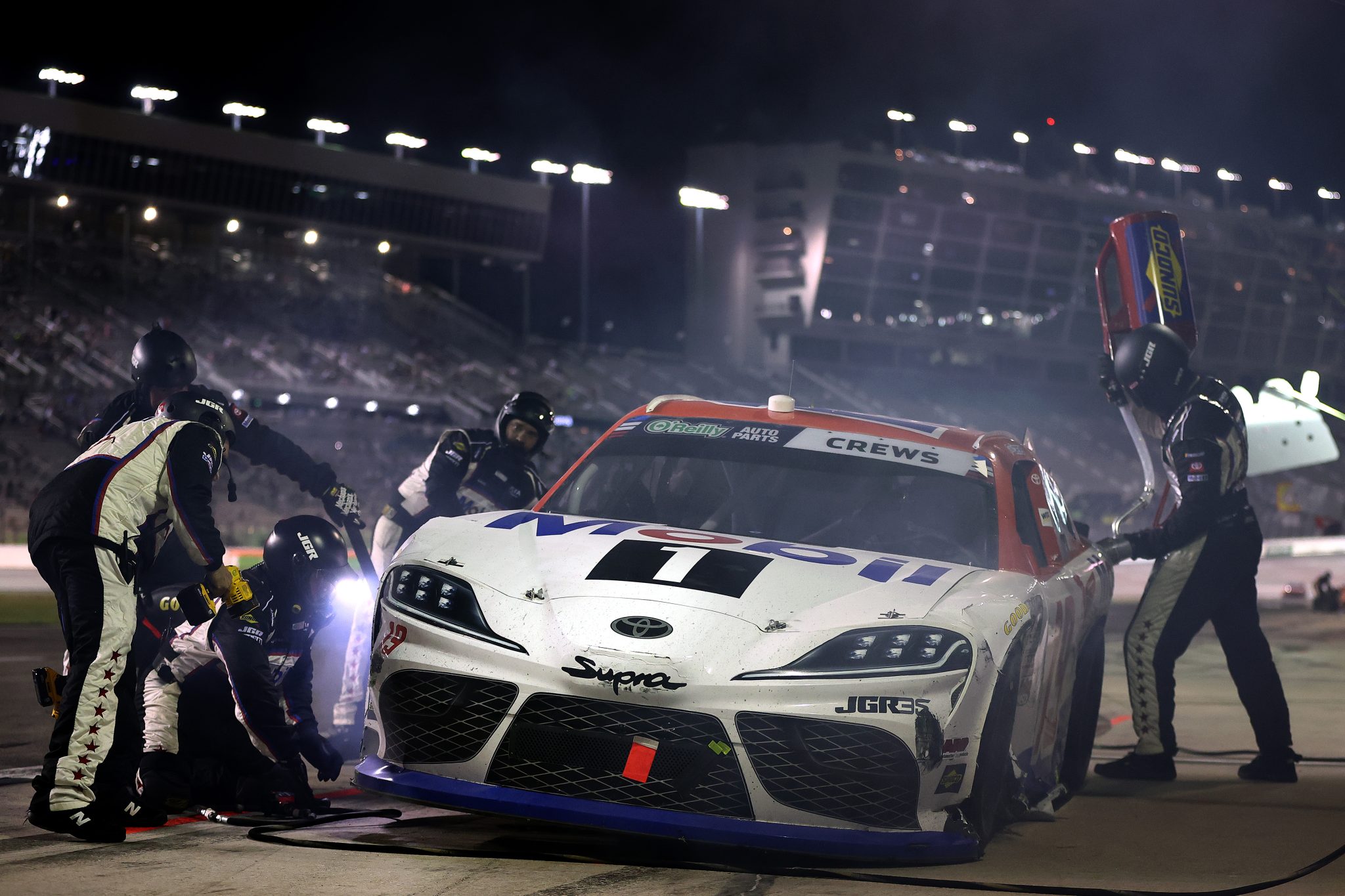 HAMPTON, GEORGIA - JULY 11: Brent Crews, driver of the #19 Mobil 1 Toyota, pits during the NASCAR O'Reilly Auto Parts Series Focused Health 250 at EchoPark Speedway on July 11, 2026 in Hampton, Georgia. (Photo by Meg Oliphant/Getty Images) | Getty Images