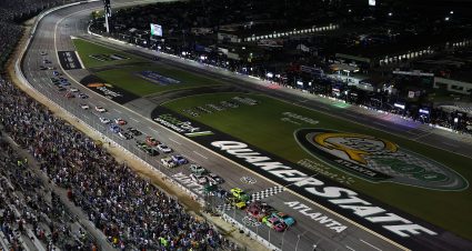 HAMPTON, GEORGIA - JULY 12: A general view of racing during the NASCAR Cup Series Quaker State 400 Available at Walmart at EchoPark Speedway on July 12, 2026 in Hampton, Georgia. (Photo by Meg Oliphant/Getty Images) | Getty Images