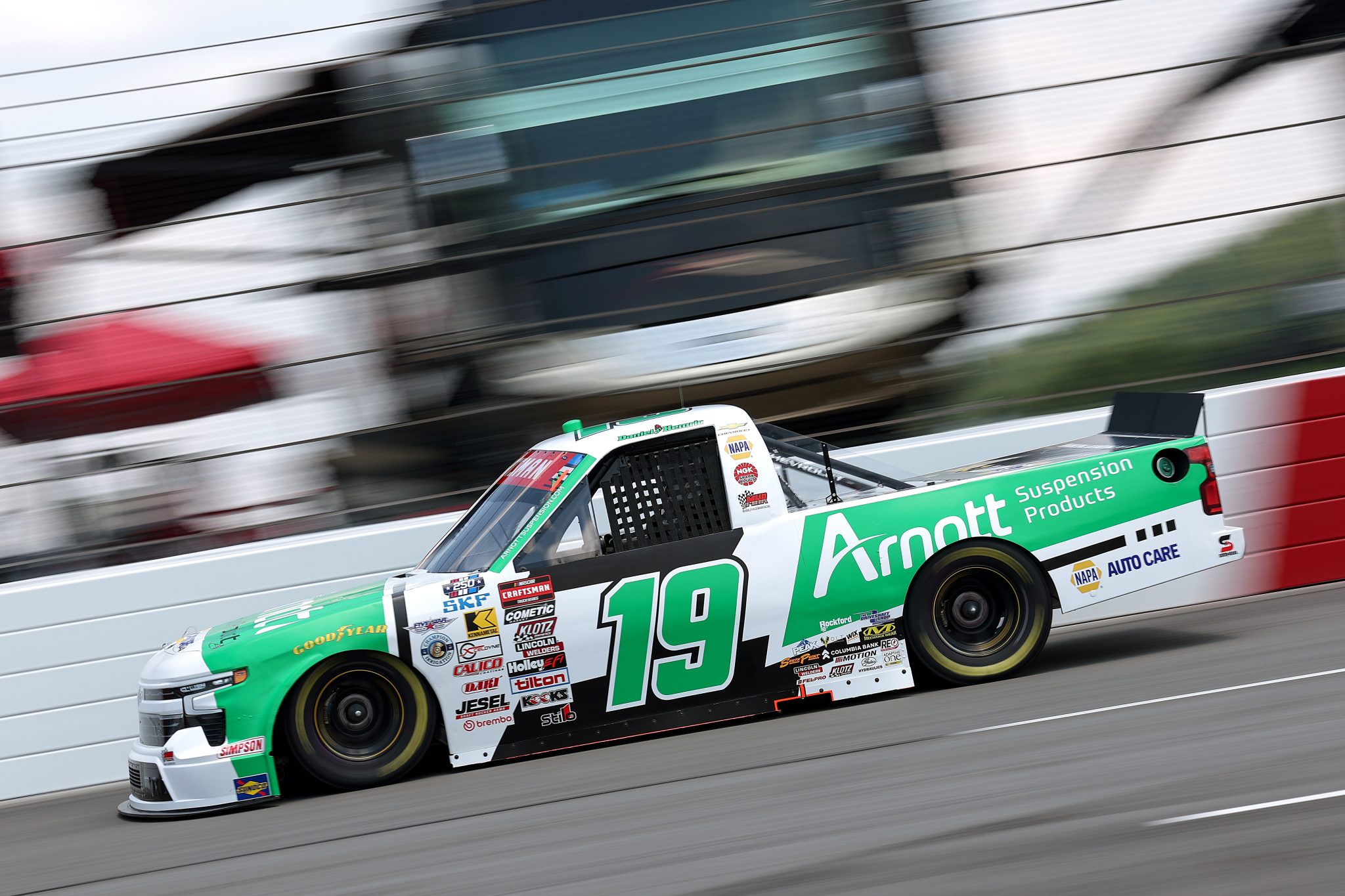 NORTH WILKESBORO, NORTH CAROLINA - JULY 17: Daniel Hemric, driver of the #19 Arnott Suspension Products Chevrolet, drives during practice for the NASCAR Craftsman Truck Series Faith Fest 250 at North Wilkesboro Speedway on July 17, 2026 in North Wilkesboro, North Carolina. (Photo by David Jensen/Getty Images) | Getty Images