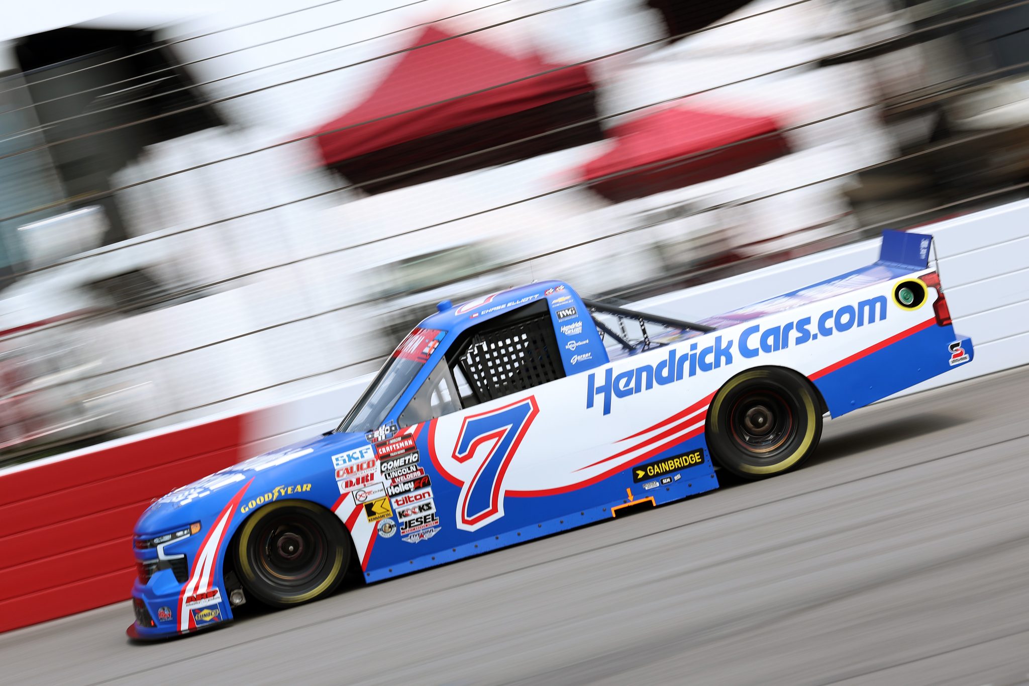 NORTH WILKESBORO, NORTH CAROLINA - JULY 17: Chase Elliott, driver of the #7 HendrickCars.com Chevrolet, drives during practice for the NASCAR Craftsman Truck Series Faith Fest 250 at North Wilkesboro Speedway on July 17, 2026 in North Wilkesboro, North Carolina. (Photo by David Jensen/Getty Images) | Getty Images