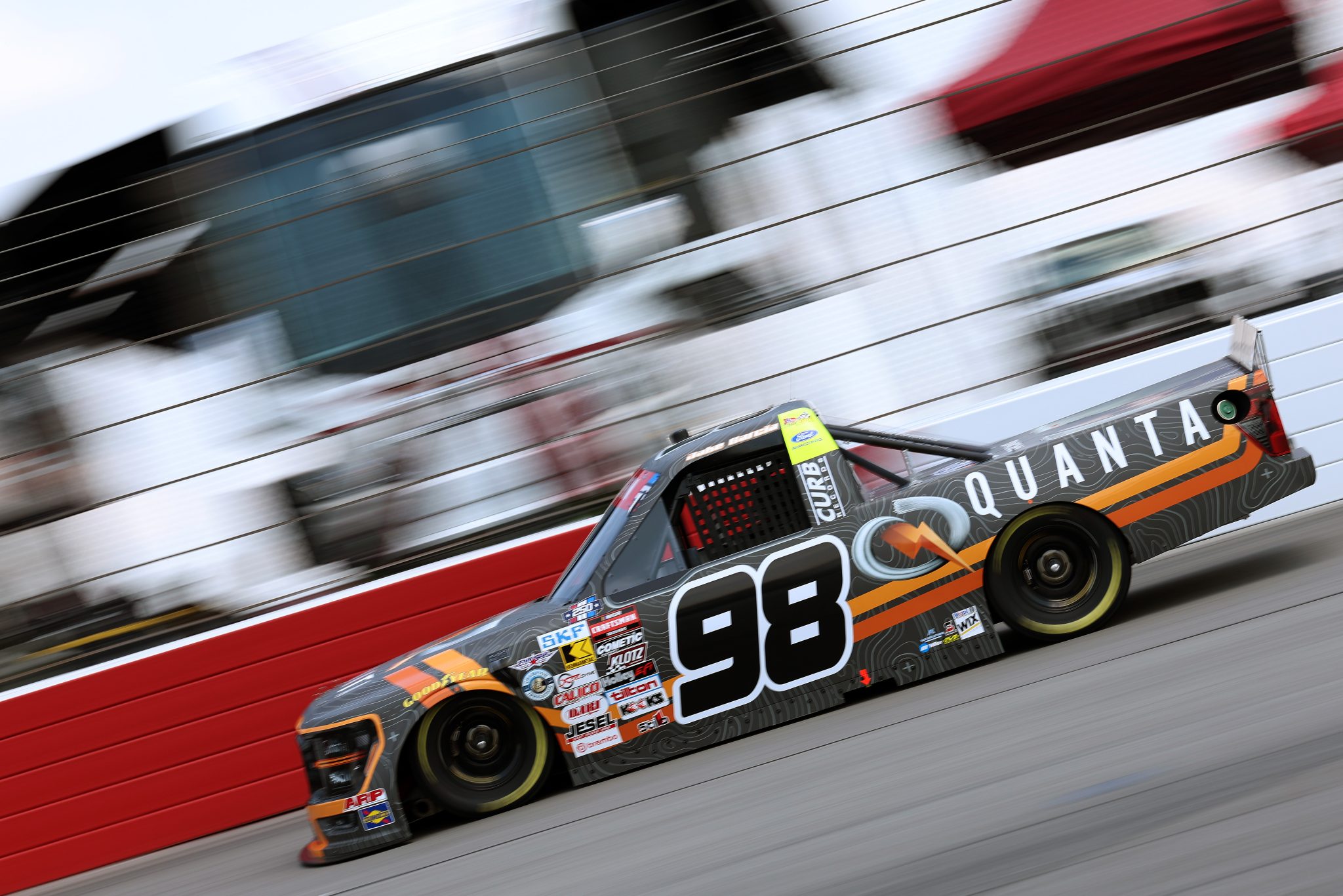 NORTH WILKESBORO, NORTH CAROLINA - JULY 17: Jake Garcia, driver of the #98 Quanta/Curb Records Ford, drives during practice for the NASCAR Craftsman Truck Series Faith Fest 250 at North Wilkesboro Speedway on July 17, 2026 in North Wilkesboro, North Carolina. (Photo by David Jensen/Getty Images) | Getty Images