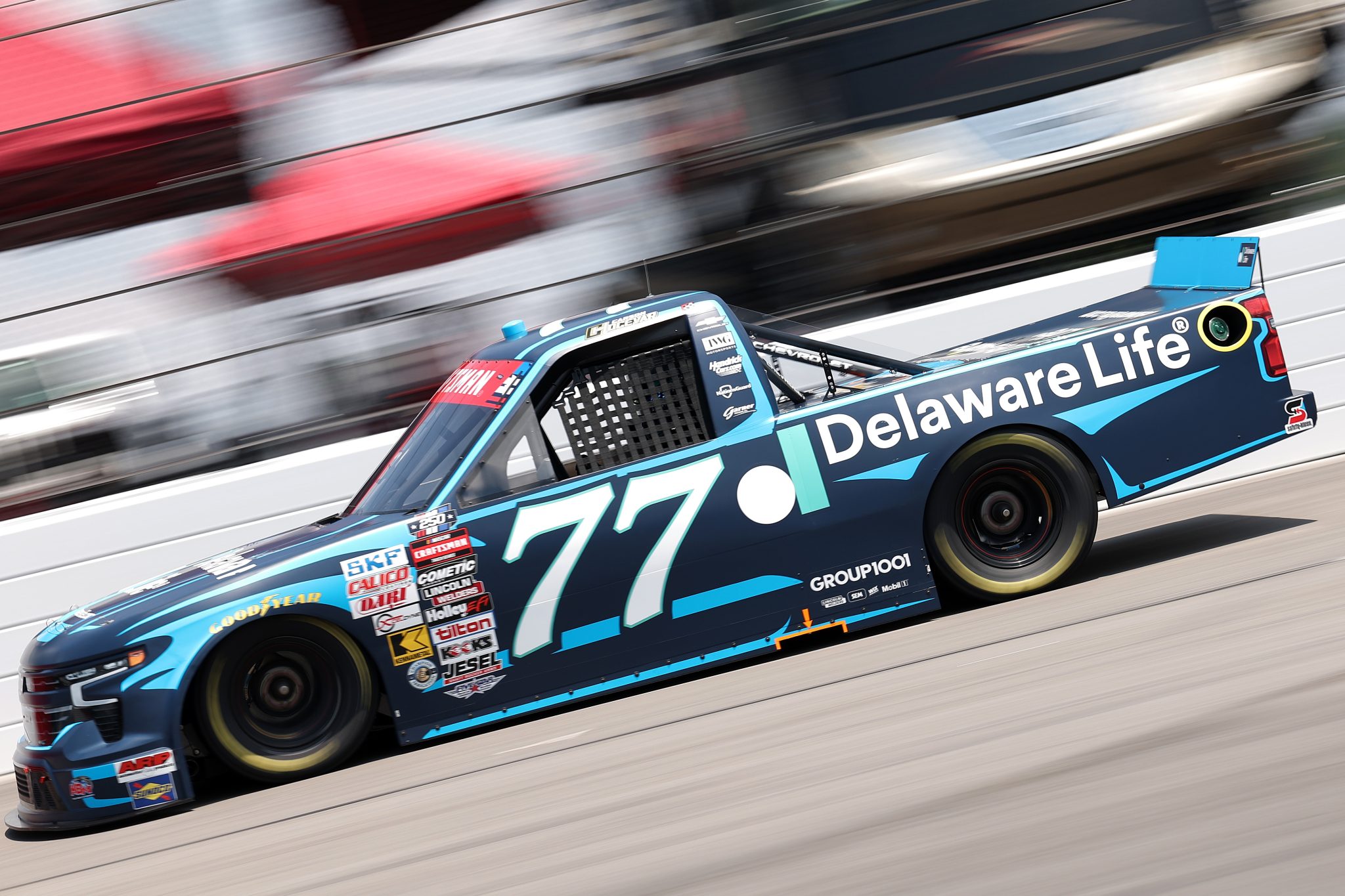 NORTH WILKESBORO, NORTH CAROLINA - JULY 17: Carson Hocevar, driver of the #77 Delaware Life Chevrolet, drives during practice for the NASCAR Craftsman Truck Series Faith Fest 250 at North Wilkesboro Speedway on July 17, 2026 in North Wilkesboro, North Carolina. (Photo by David Jensen/Getty Images) | Getty Images