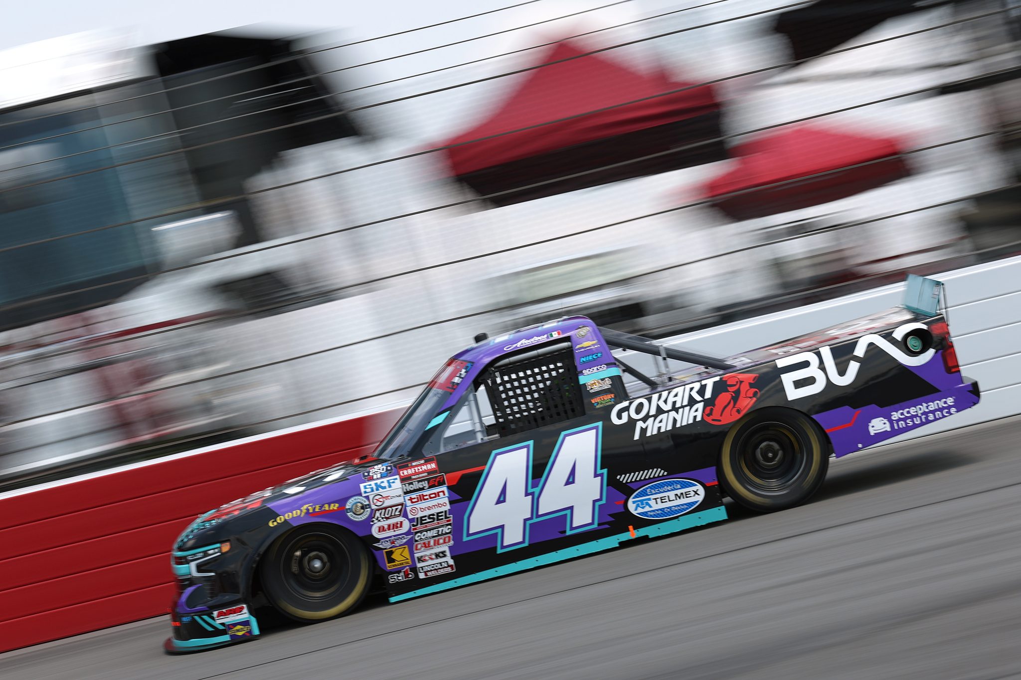 NORTH WILKESBORO, NORTH CAROLINA - JULY 17: Andres Perez De Lara, driver of the #44 BLAC/Go Kart Mania Academy Chevrolet, drives during practice for the NASCAR Craftsman Truck Series Faith Fest 250 at North Wilkesboro Speedway on July 17, 2026 in North Wilkesboro, North Carolina. (Photo by David Jensen/Getty Images) | Getty Images