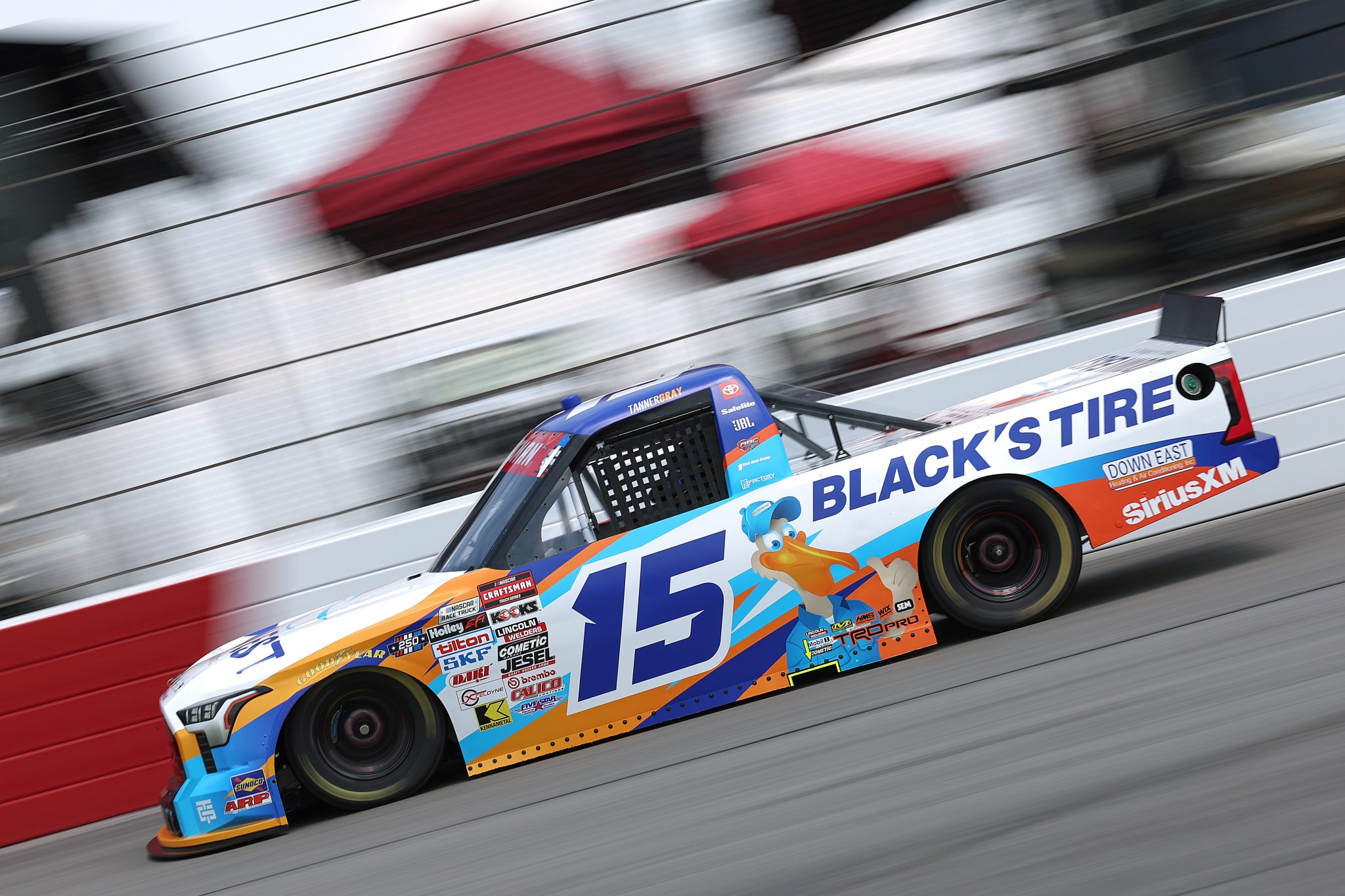 NORTH WILKESBORO, NORTH CAROLINA - JULY 17: Tanner Gray, driver of the #15 Down East Heating & Air/Black's Tire Toyota, drives during practice for the NASCAR Craftsman Truck Series Faith Fest 250 at North Wilkesboro Speedway on July 17, 2026 in North Wilkesboro, North Carolina. (Photo by David Jensen/Getty Images) | Getty Images