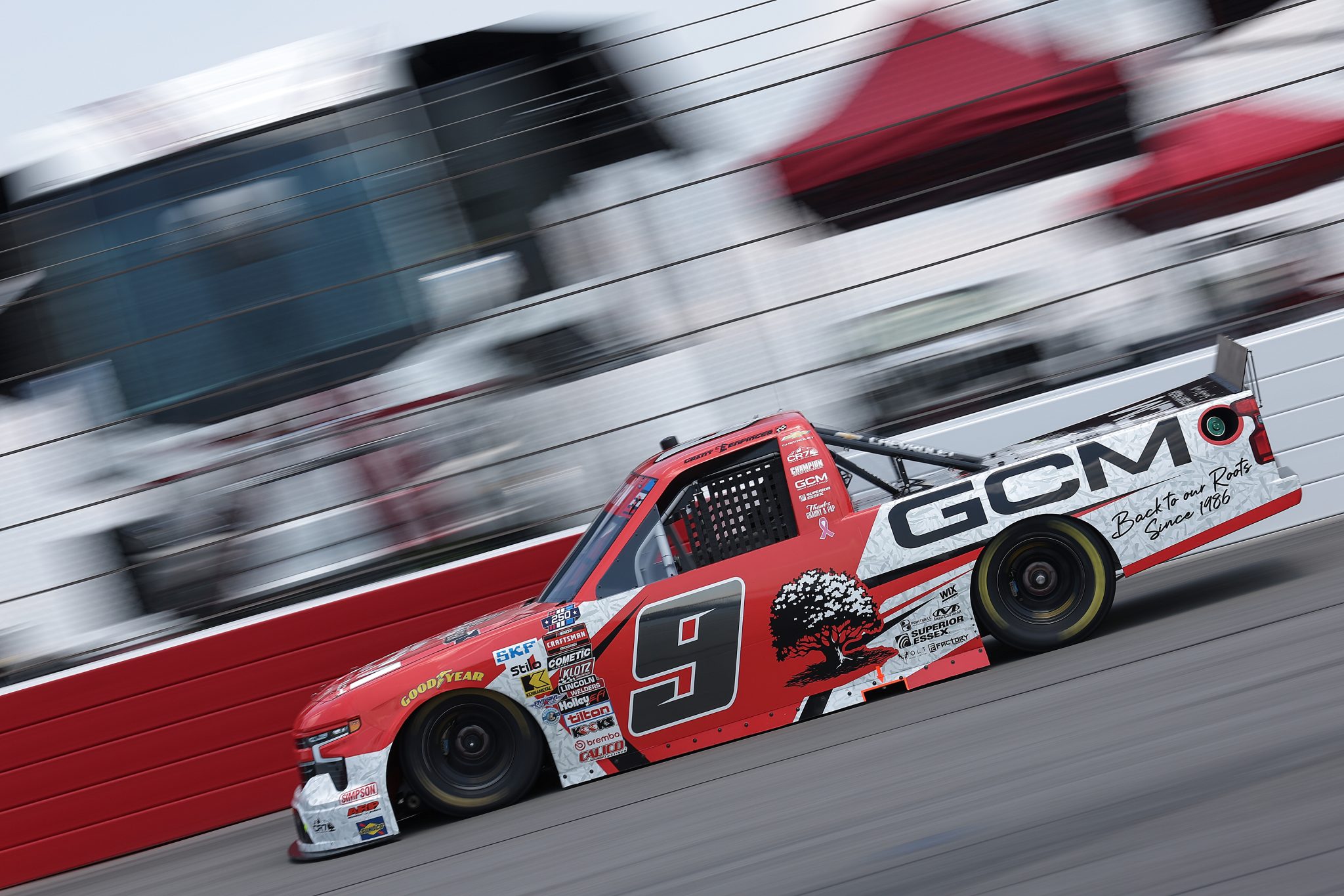 NORTH WILKESBORO, NORTH CAROLINA - JULY 17: Grant Enfinger, driver of the #9 Grant County Mulch Chevrolet, drives during practice for the NASCAR Craftsman Truck Series Faith Fest 250 at North Wilkesboro Speedway on July 17, 2026 in North Wilkesboro, North Carolina. (Photo by David Jensen/Getty Images) | Getty Images