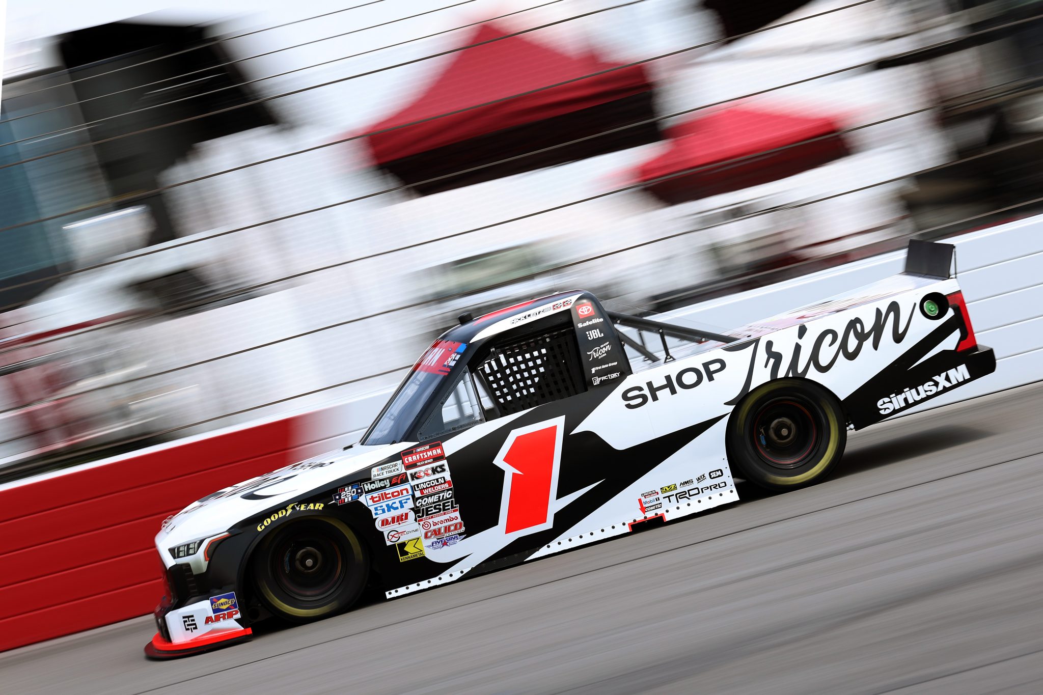 NORTH WILKESBORO, NORTH CAROLINA - JULY 17: Nick Leitz, driver of the #1 ShopTRICON.com Toyota, drives during practice for the NASCAR Craftsman Truck Series Faith Fest 250 at North Wilkesboro Speedway on July 17, 2026 in North Wilkesboro, North Carolina. (Photo by David Jensen/Getty Images) | Getty Images