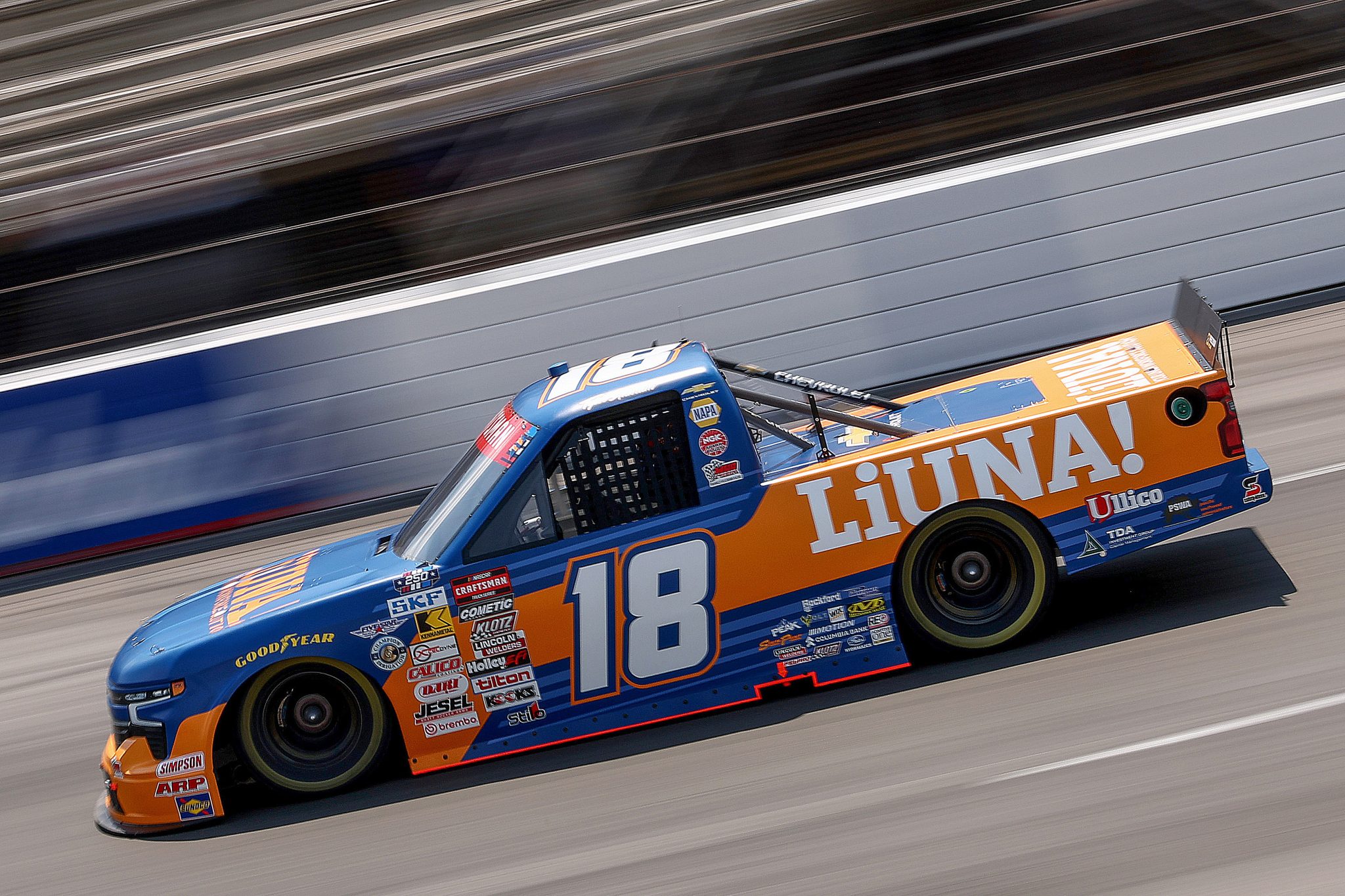 NORTH WILKESBORO, NORTH CAROLINA - JULY 17: Tyler Ankrum, driver of the #18 LIUNA Chevrolet, drives during practice for the NASCAR Craftsman Truck Series Faith Fest 250 at North Wilkesboro Speedway on July 17, 2026 in North Wilkesboro, North Carolina. (Photo by Meg Oliphant/Getty Images)Tyler Ankrum, driver of the #18 LIUNA Chevrolet, drives | Getty Images