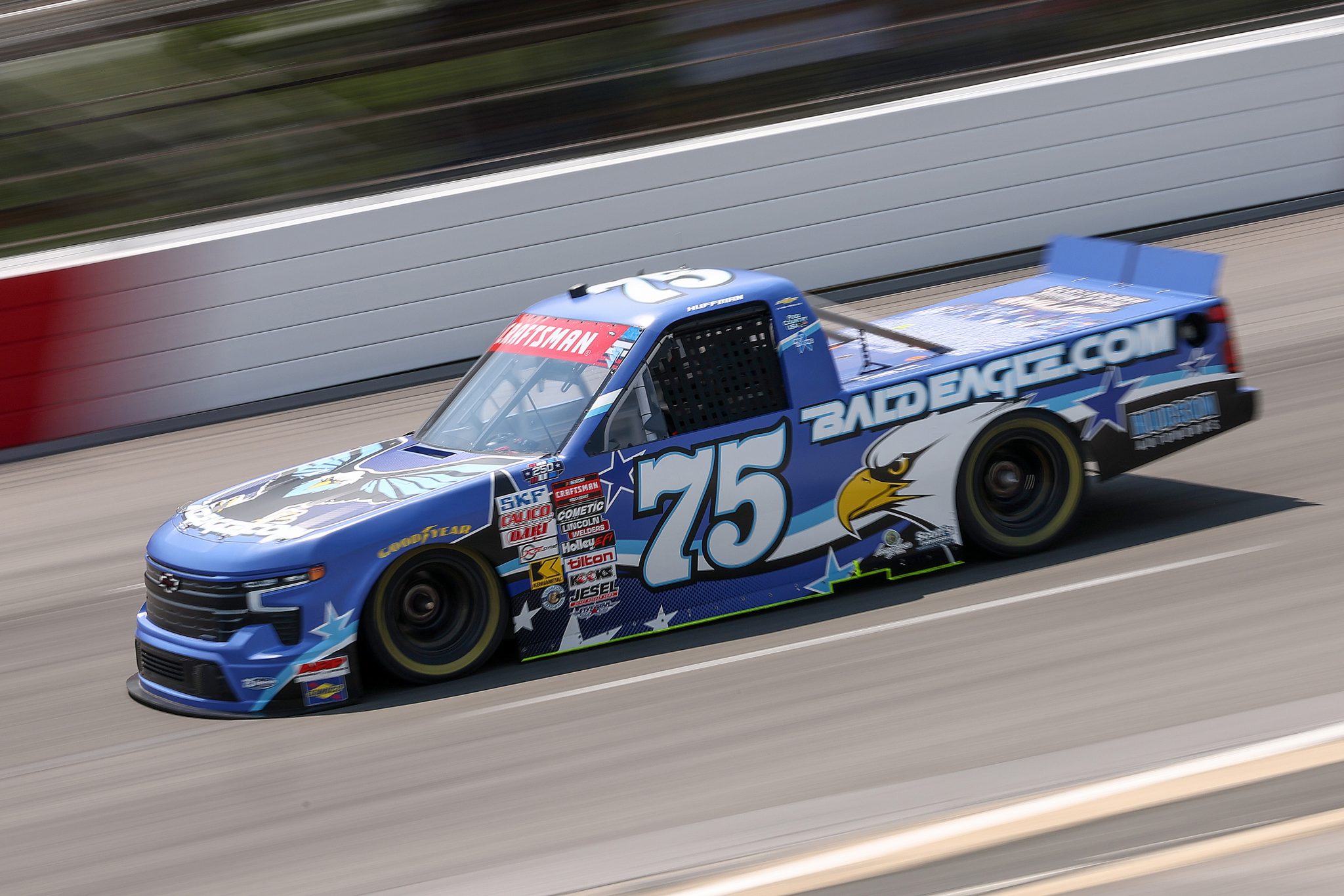 NORTH WILKESBORO, NORTH CAROLINA - JULY 17: Landon Huffman, driver of the #75 Baldeagle.com Chevrolet, drives , driver of the #75 Baldeagle.com Chevrolet, drives during practice for the NASCAR Craftsman Truck Series Faith Fest 250 at North Wilkesboro Speedway on July 17, 2026 in North Wilkesboro, North Carolina. (Photo by Meg Oliphant/Getty Images) | Getty Images