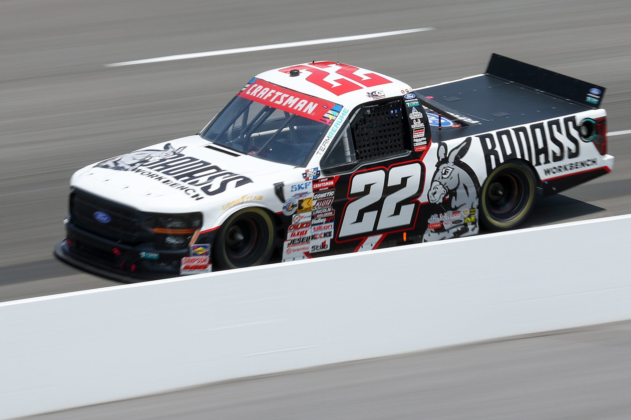 NORTH WILKESBORO, NORTH CAROLINA - JULY 17: Clayton Green, driver of the #22 Badass Workbench Ford, drives during practice for the NASCAR Craftsman Truck Series Faith Fest 250 at North Wilkesboro Speedway on July 17, 2026 in North Wilkesboro, North Carolina. (Photo by David Jensen/Getty Images) | Getty Images