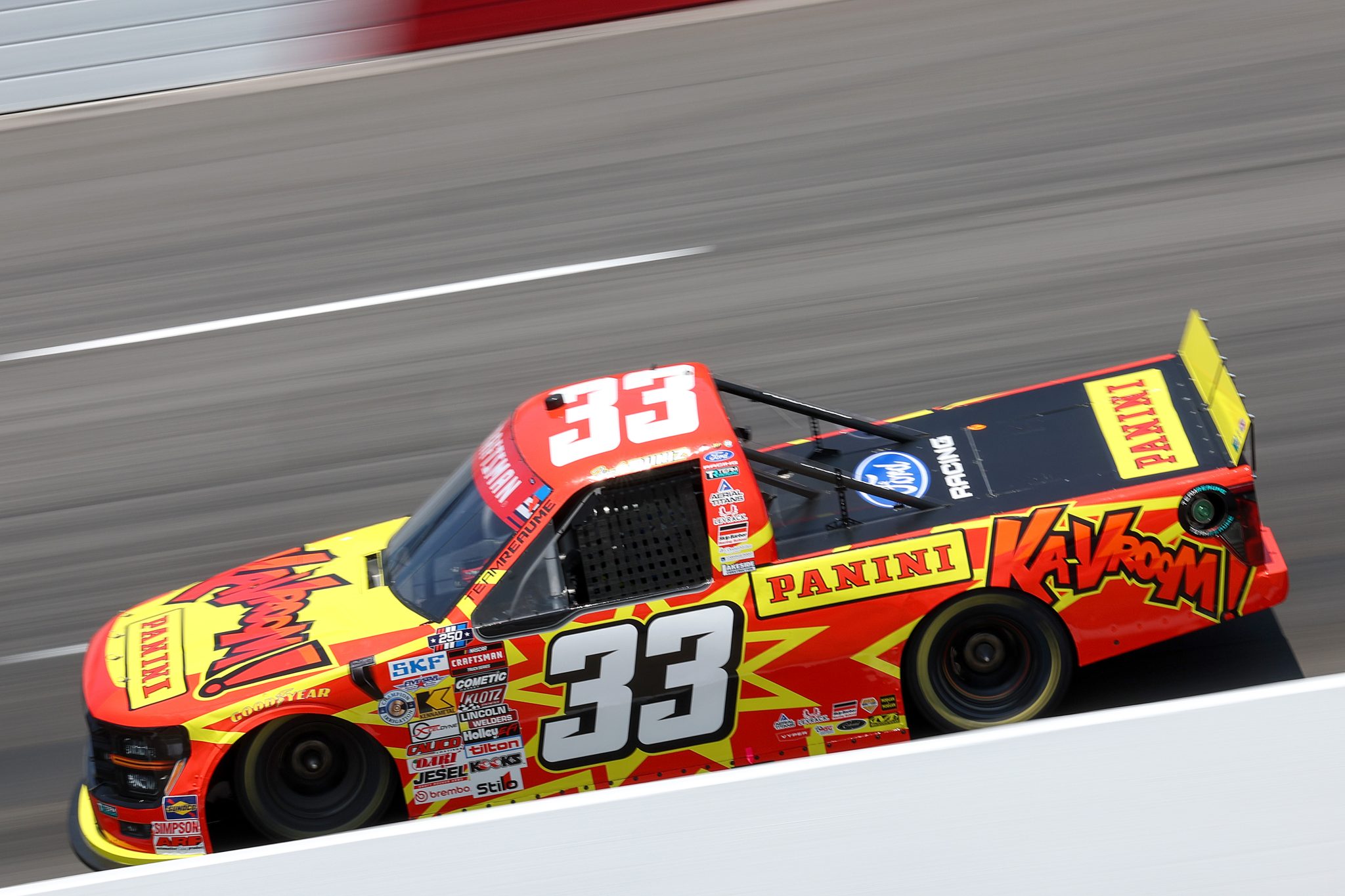 NORTH WILKESBORO, NORTH CAROLINA - JULY 17: Frankie Muniz, driver of the #33 Panini Ka-Vroom Ford, drives during practice for the NASCAR Craftsman Truck Series Faith Fest 250 at North Wilkesboro Speedway on July 17, 2026 in North Wilkesboro, North Carolina. (Photo by David Jensen/Getty Images) | Getty Images