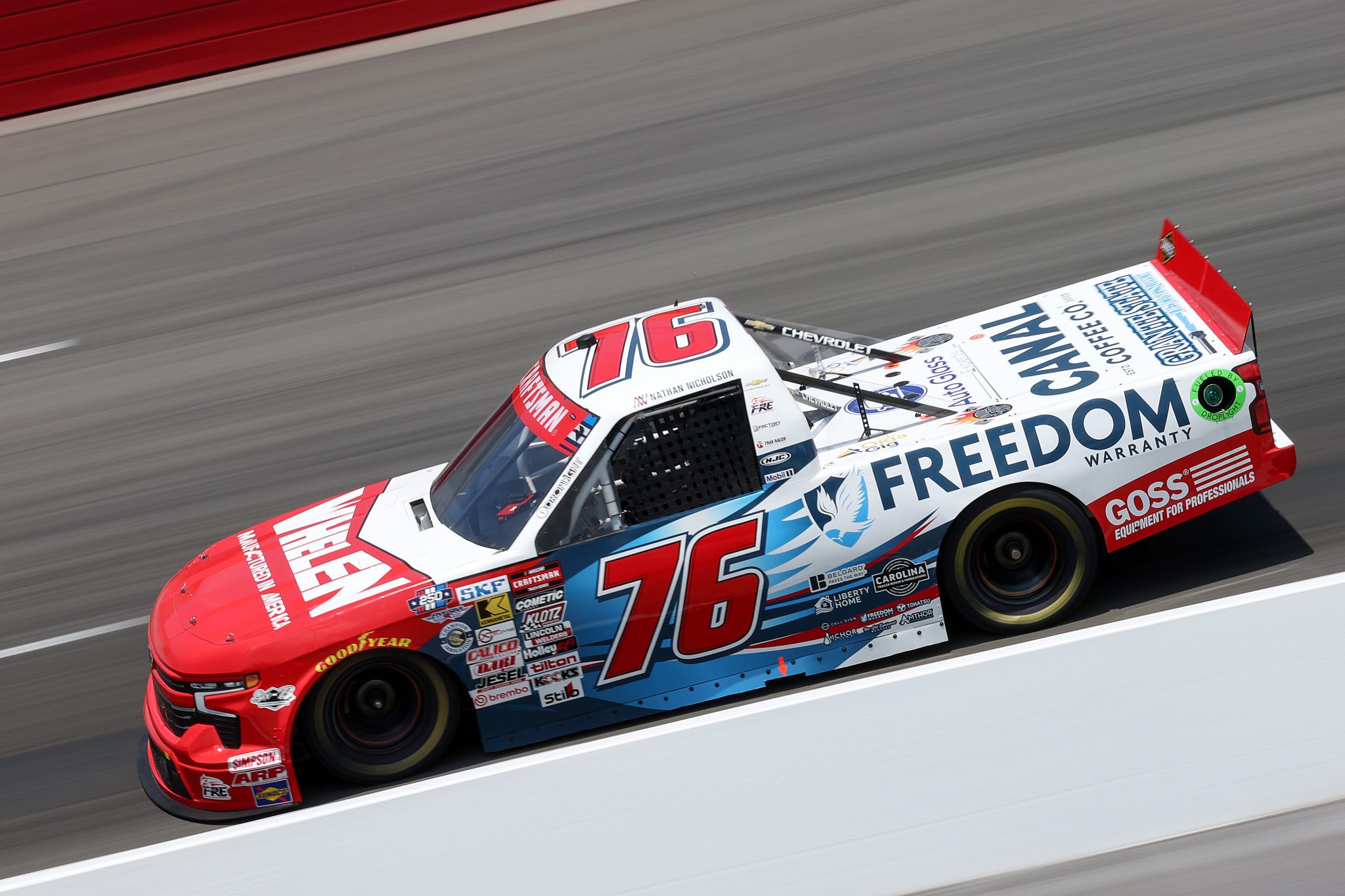 NORTH WILKESBORO, NORTH CAROLINA - JULY 17: Nathan Nicholson, driver of the #76 Freedom Warranty/Whelen Engineering Chevrolet, drives during practice for the NASCAR Craftsman Truck Series Faith Fest 250 at North Wilkesboro Speedway on July 17, 2026 in North Wilkesboro, North Carolina. (Photo by David Jensen/Getty Images) | Getty Images