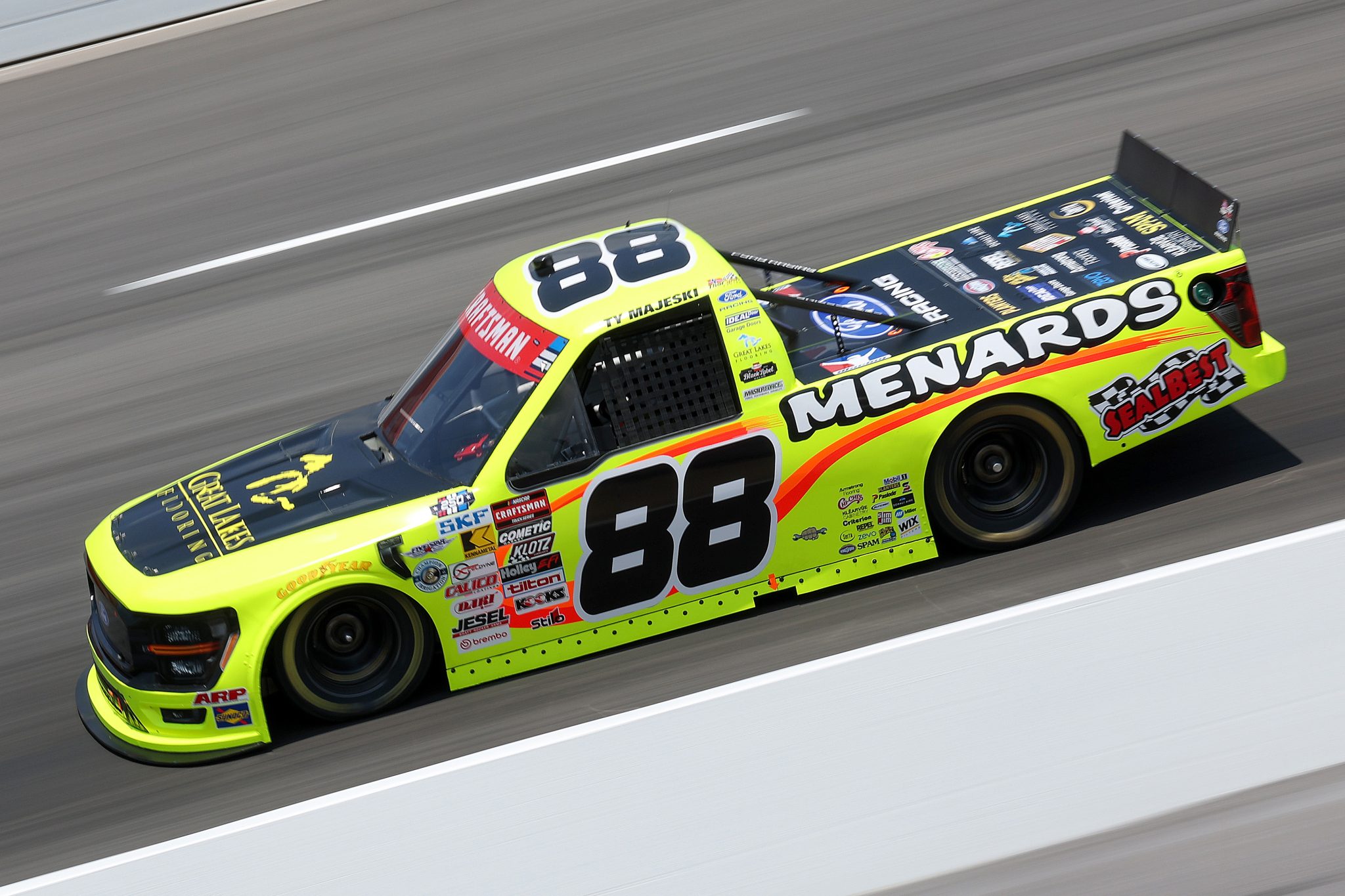 NORTH WILKESBORO, NORTH CAROLINA - JULY 17: Ty Majeski, driver of the #88 Great Lakes Flooring/Menards Ford, drives during practice for the NASCAR Craftsman Truck Series Faith Fest 250 at North Wilkesboro Speedway on July 17, 2026 in North Wilkesboro, North Carolina. (Photo by David Jensen/Getty Images) | Getty Images
