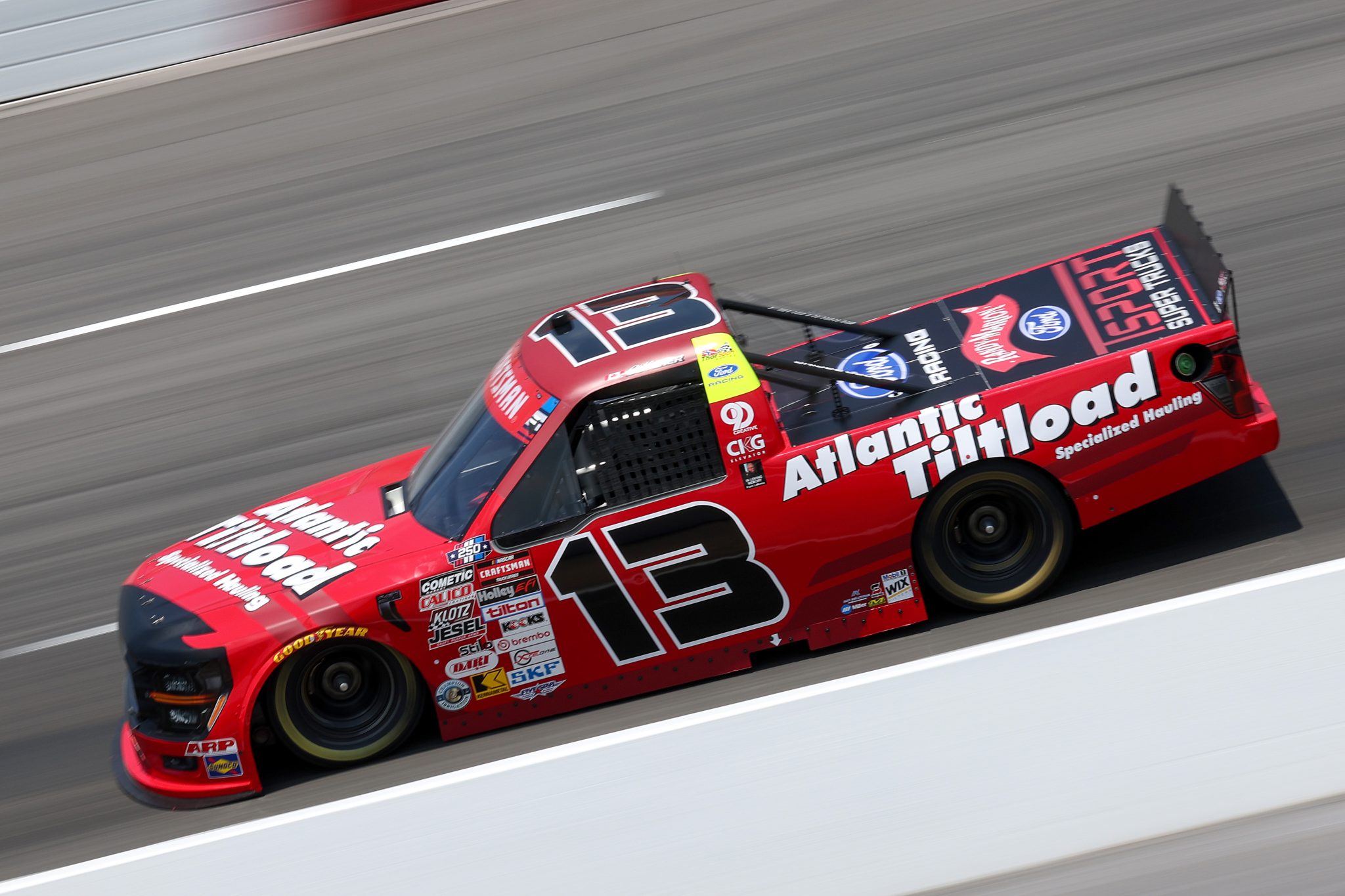NORTH WILKESBORO, NORTH CAROLINA - JULY 17: Cole Butcher, driver of the #13 Atlantic Tilt Load Ford, drives during practice for the NASCAR Craftsman Truck Series Faith Fest 250 at North Wilkesboro Speedway on July 17, 2026 in North Wilkesboro, North Carolina. (Photo by David Jensen/Getty Images) | Getty Images