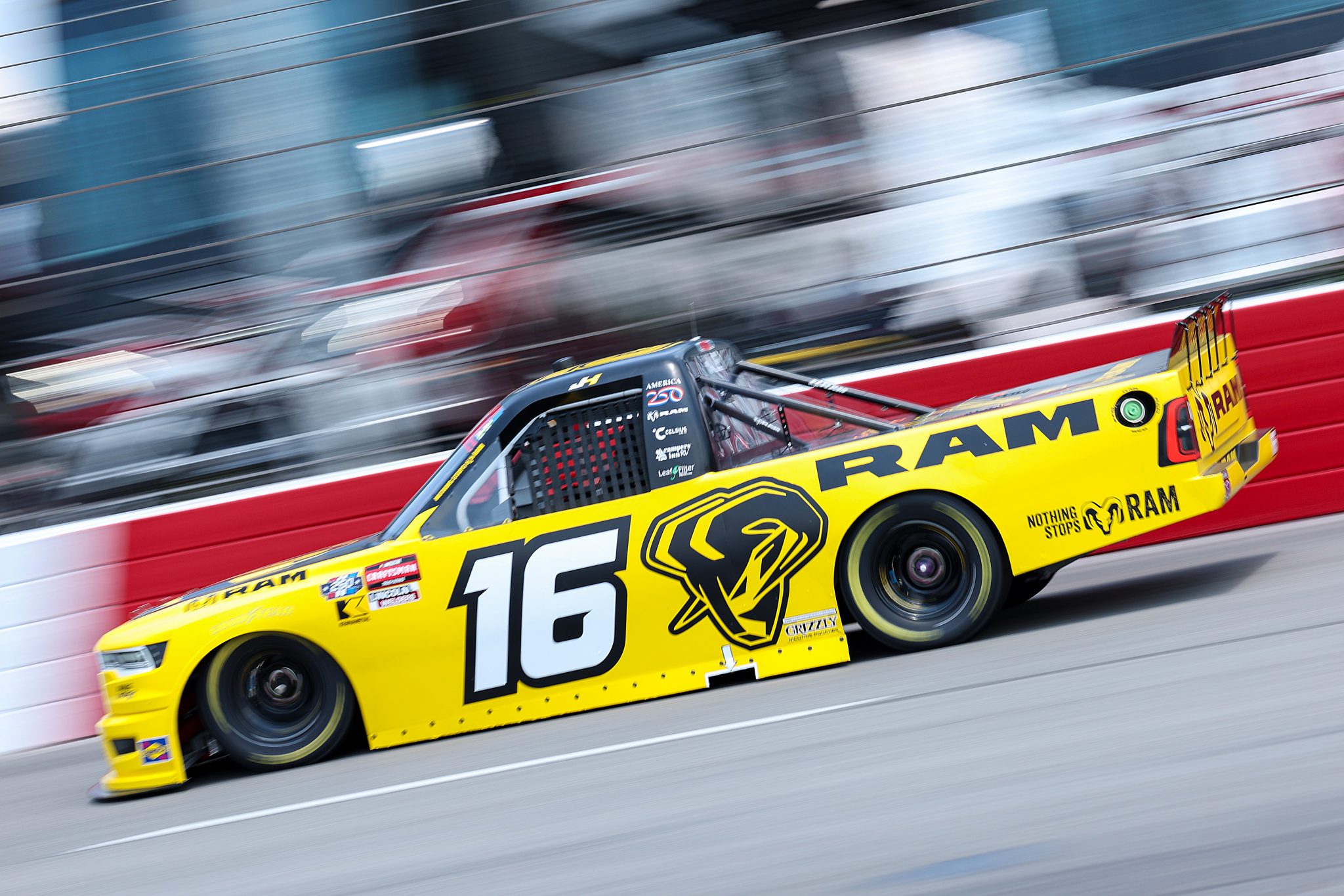 NORTH WILKESBORO, NORTH CAROLINA - JULY 17: Justin Haley, driver of the #16 RAM RAM, drives during practice for the NASCAR Craftsman Truck Series Faith Fest 250 at North Wilkesboro Speedway on July 17, 2026 in North Wilkesboro, North Carolina. (Photo by David Jensen/Getty Images) | Getty Images