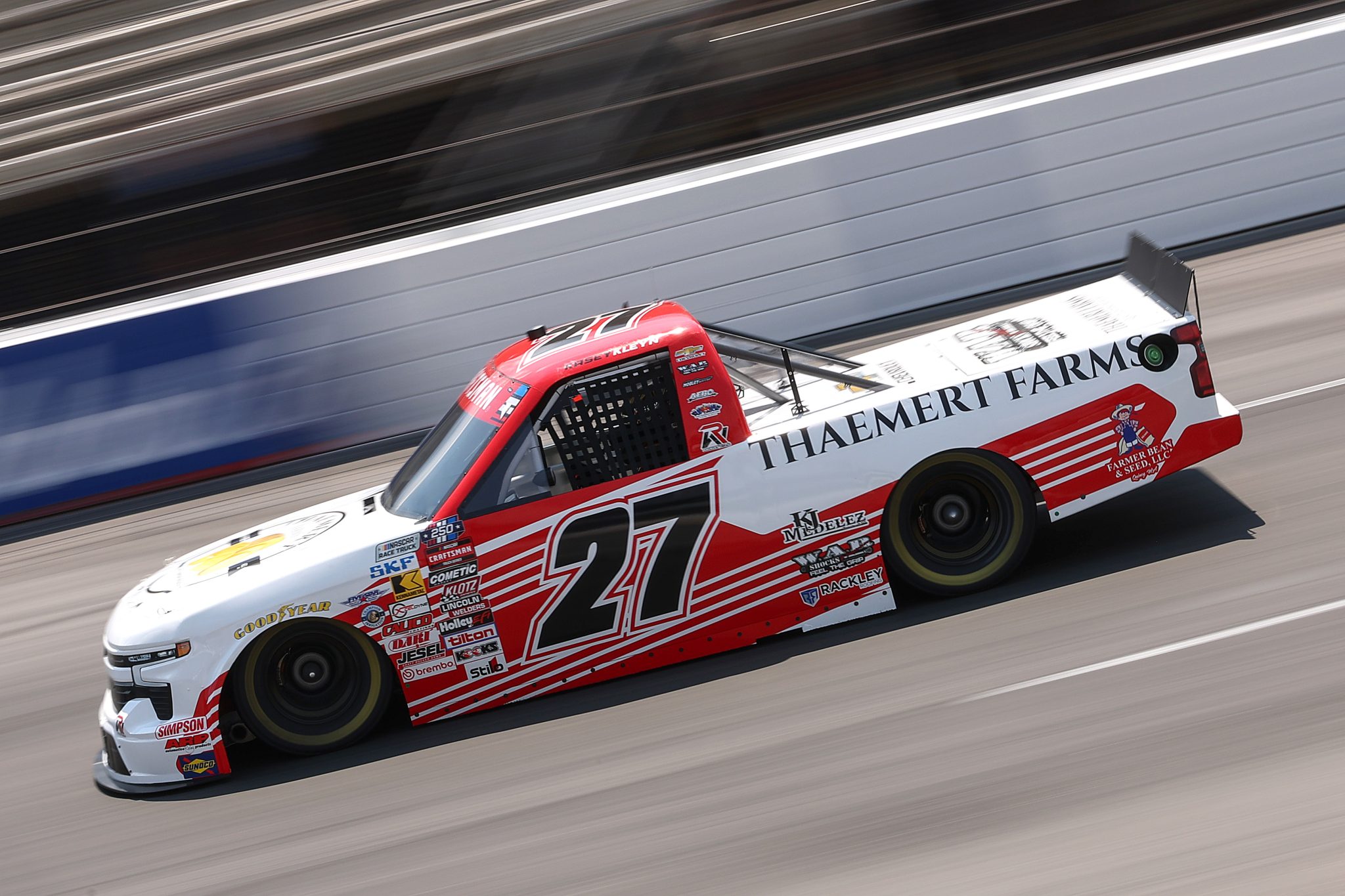 NORTH WILKESBORO, NORTH CAROLINA - JULY 17: Kasey Kleyn, driver of the #27 Thaemert Farms Chevrolet, drives during practice for the NASCAR Craftsman Truck Series Faith Fest 250 at North Wilkesboro Speedway on July 17, 2026 in North Wilkesboro, North Carolina. (Photo by Meg Oliphant/Getty Images) | Getty Images