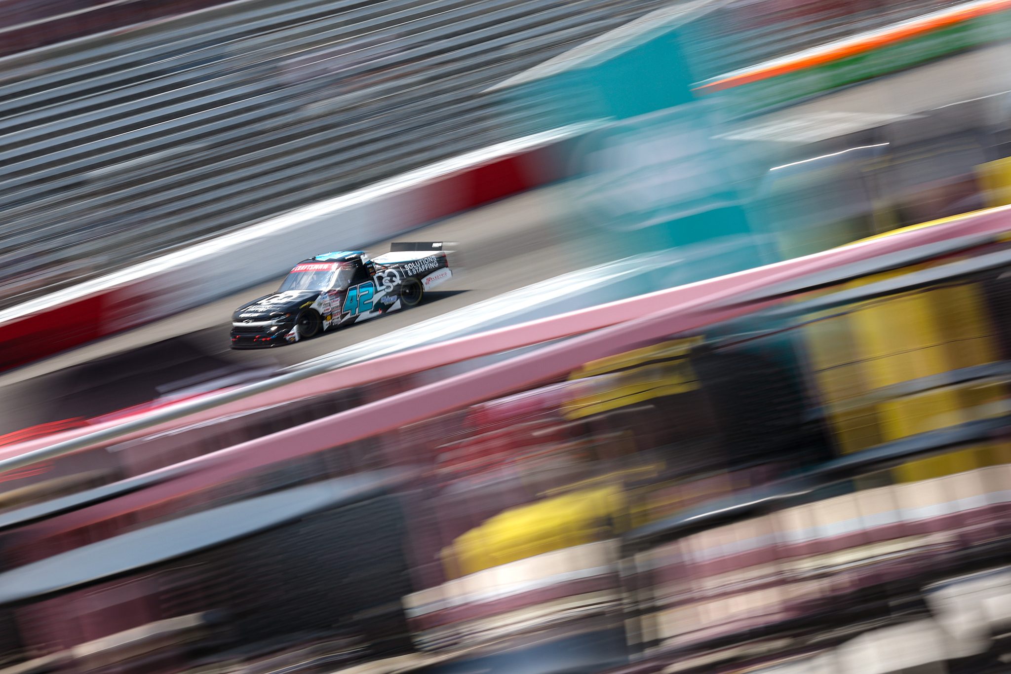 NORTH WILKESBORO, NORTH CAROLINA - JULY 17: Tyler Reif, driver of the #42 AutoVentive/Precision Vehicle Logistics Chevrolet, drives during practice for the NASCAR Craftsman Truck Series Faith Fest 250 at North Wilkesboro Speedway on July 17, 2026 in North Wilkesboro, North Carolina. (Photo by David Jensen/Getty Images) | Getty Images