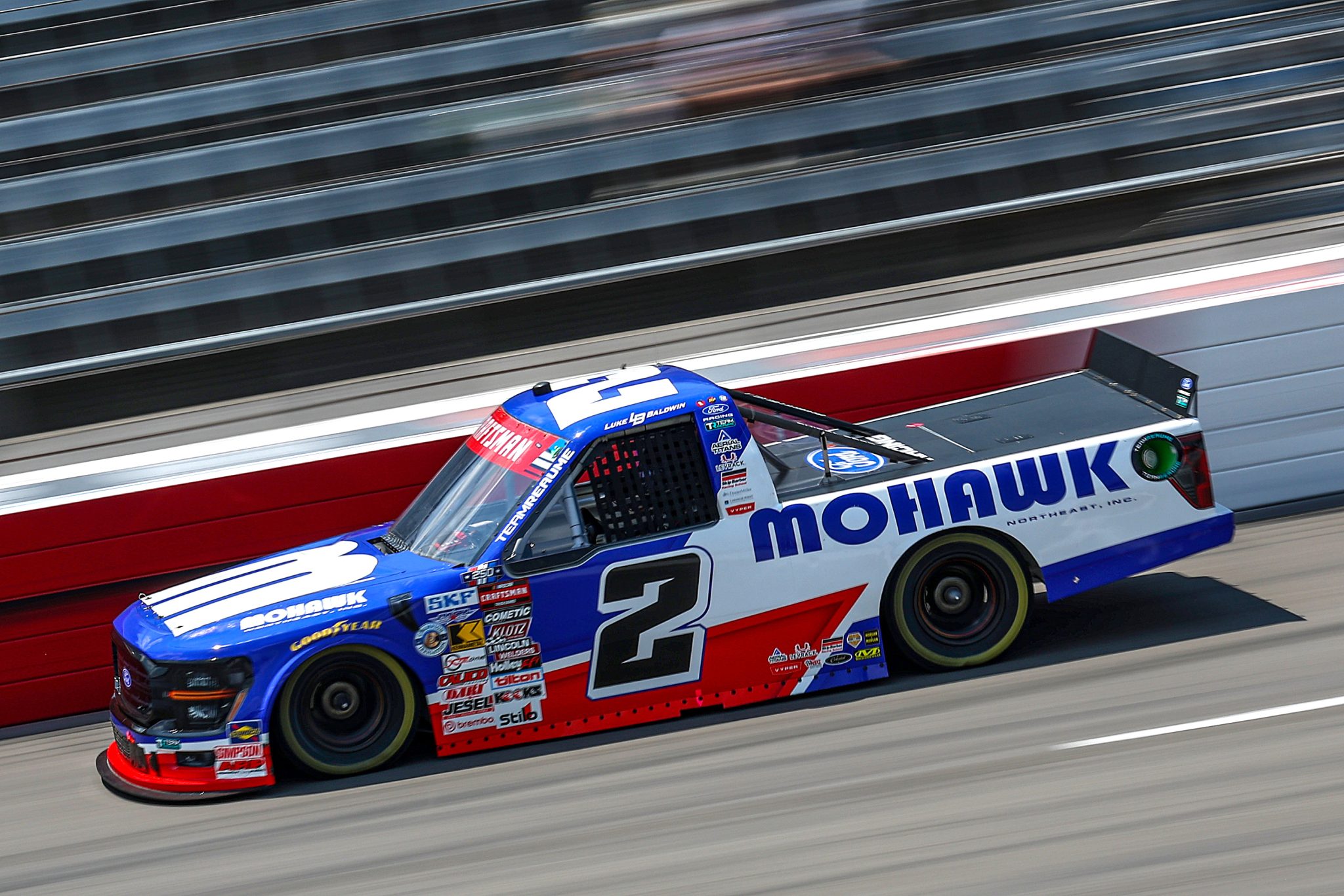 NORTH WILKESBORO, NORTH CAROLINA - JULY 17: Luke Baldwin, driver of the #2 Mohawk Northeast Inc Ford, drives during practice for the NASCAR Craftsman Truck Series Faith Fest 250 at North Wilkesboro Speedway on July 17, 2026 in North Wilkesboro, North Carolina. (Photo by David Jensen/Getty Images) | Getty Images