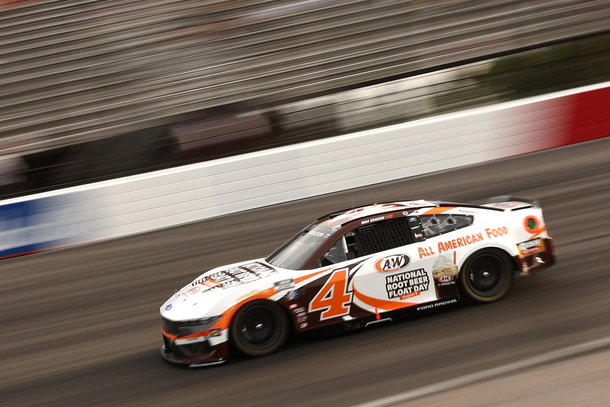 NORTH WILKESBORO, NORTH CAROLINA - JULY 18: Noah Gragson, driver of the #4 A&W Restaurants Ford, drives during practice for the NASCAR Cup Series Window World 450 at North Wilkesboro Speedway on July 18, 2026 in North Wilkesboro, North Carolina. (Photo by Meg Oliphant/Getty Images) | Getty Images