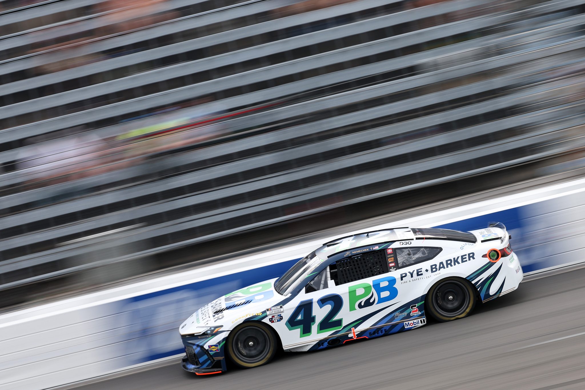 NORTH WILKESBORO, NORTH CAROLINA - JULY 18: J.H. Nemechek, driver of the #42 Pye-Barker Fire & Safety Toyota, drives during practice for the NASCAR Cup Series Window World 450 at North Wilkesboro Speedway on July 18, 2026 in North Wilkesboro, North Carolina. (Photo by David Jensen/Getty Images) | Getty Images