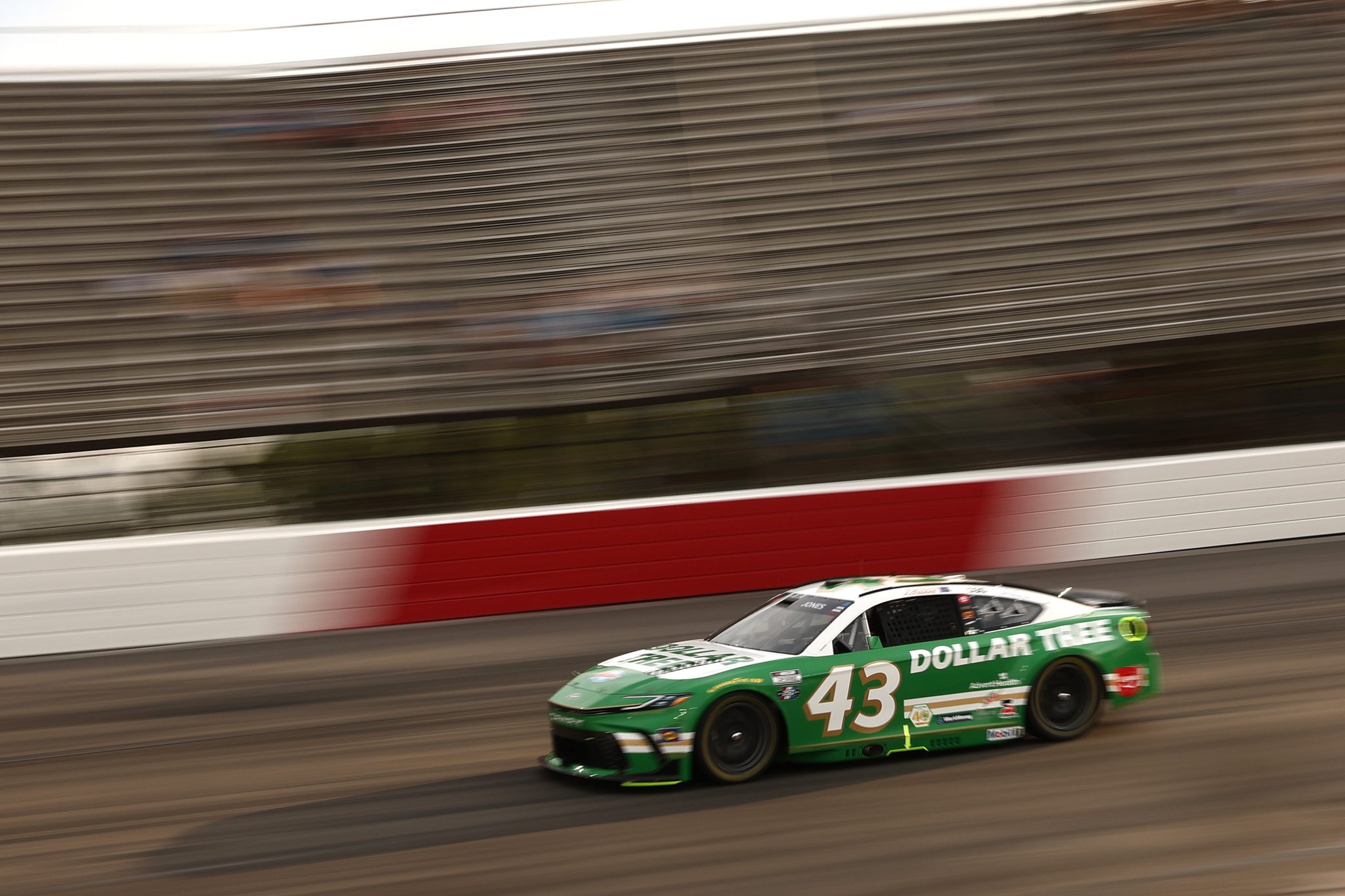 NORTH WILKESBORO, NORTH CAROLINA - JULY 18: Erik Jones, driver of the #43 Dollar Tree Toyota, drives during practice for the NASCAR Cup Series Window World 450 at North Wilkesboro Speedway on July 18, 2026 in North Wilkesboro, North Carolina. (Photo by Meg Oliphant/Getty Images) | Getty Images
