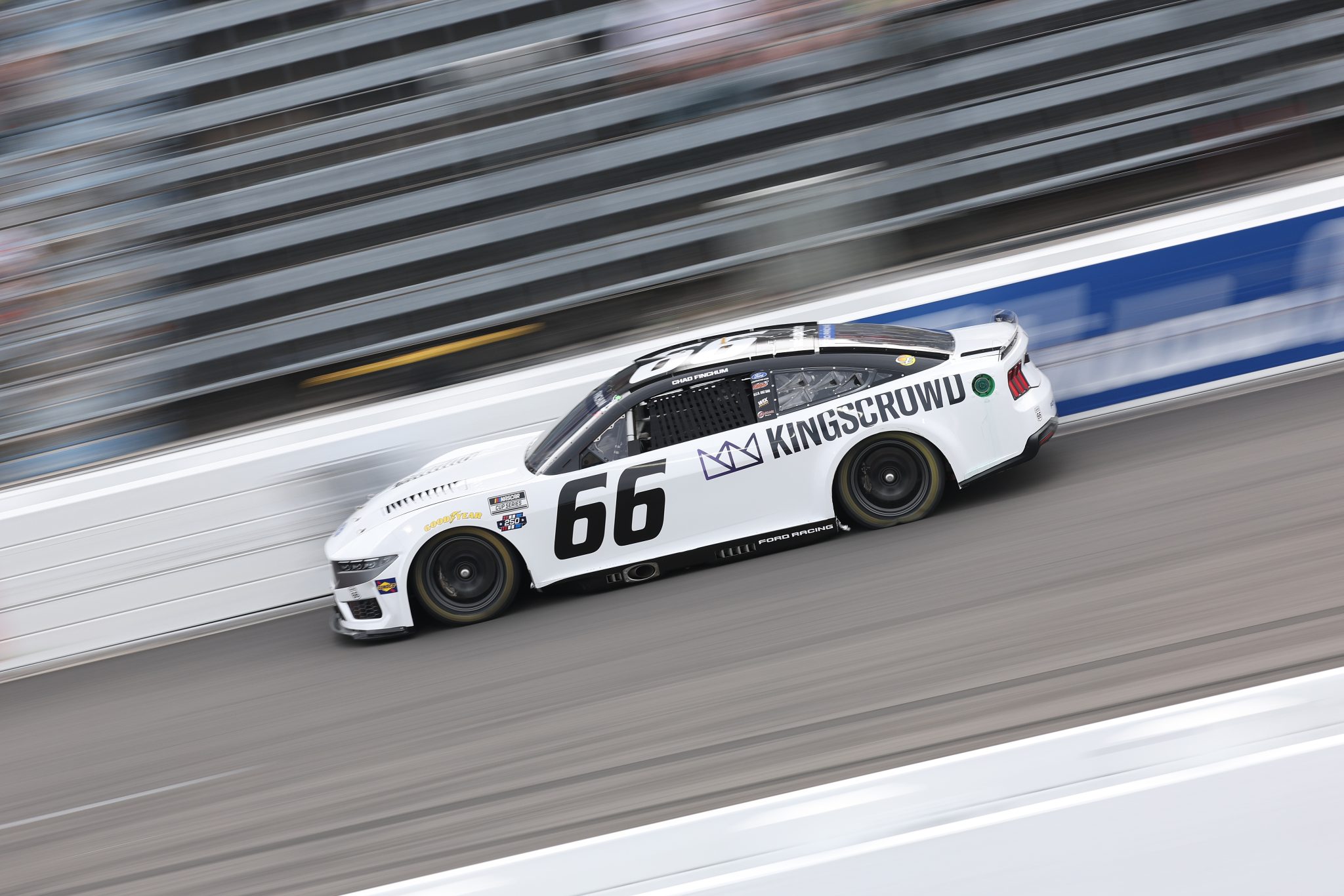 NORTH WILKESBORO, NORTH CAROLINA - JULY 18: Chad Finchum, driver of the #66 Kingscrowd Ford, drives during practice for the NASCAR Cup Series Window World 450 at North Wilkesboro Speedway on July 18, 2026 in North Wilkesboro, North Carolina. (Photo by David Jensen/Getty Images) | Getty Images